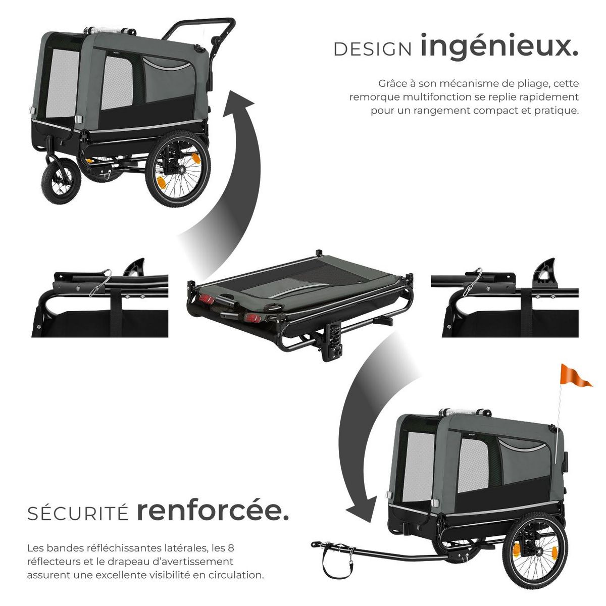 tectake Remorque vélo pour chien multifonction 3-en-1 gris