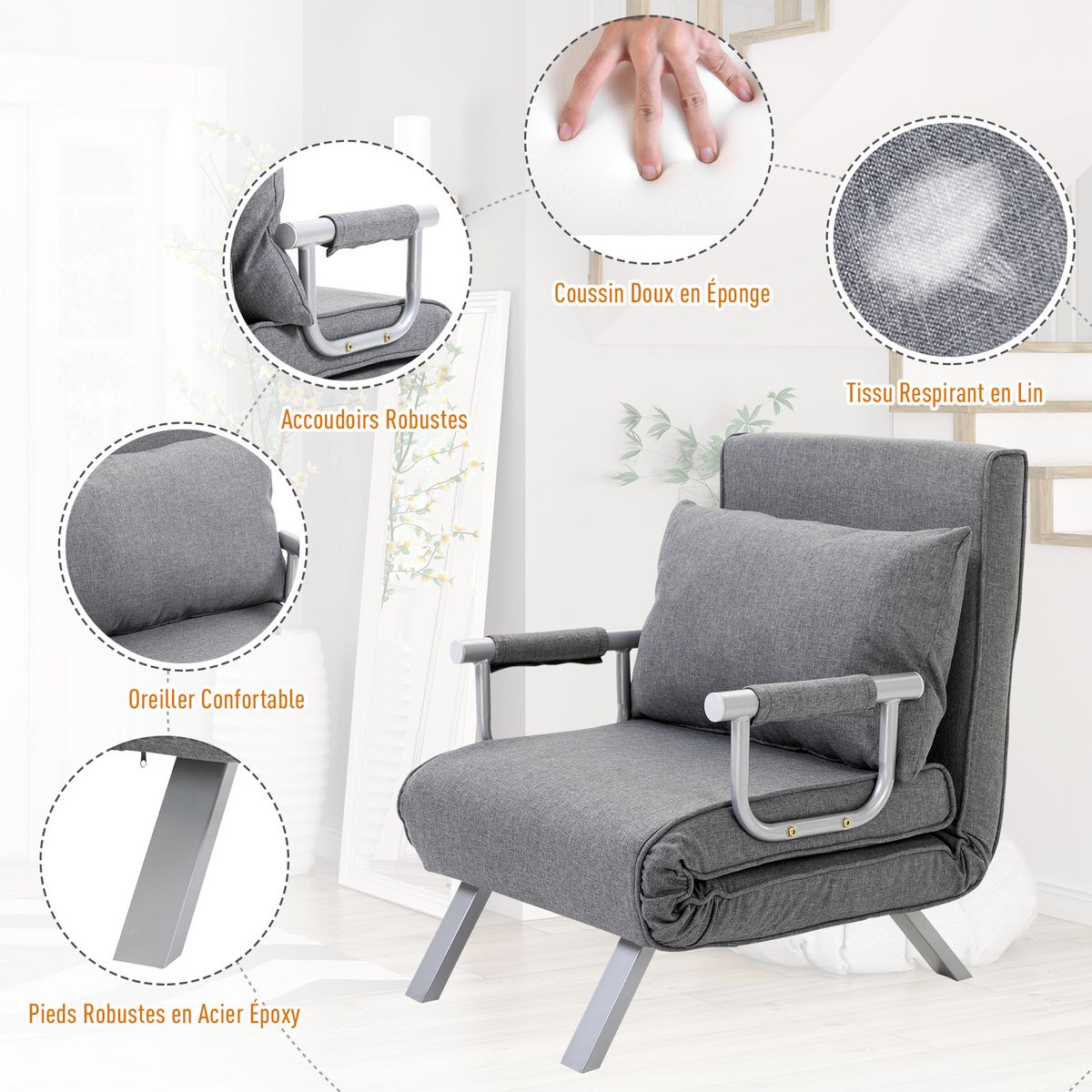 HOMCOM Fauteuil chauffeuse canapé-lit convertible 1 place déhoussable grand confort coussin pieds accoudoirs métal lin gris clair