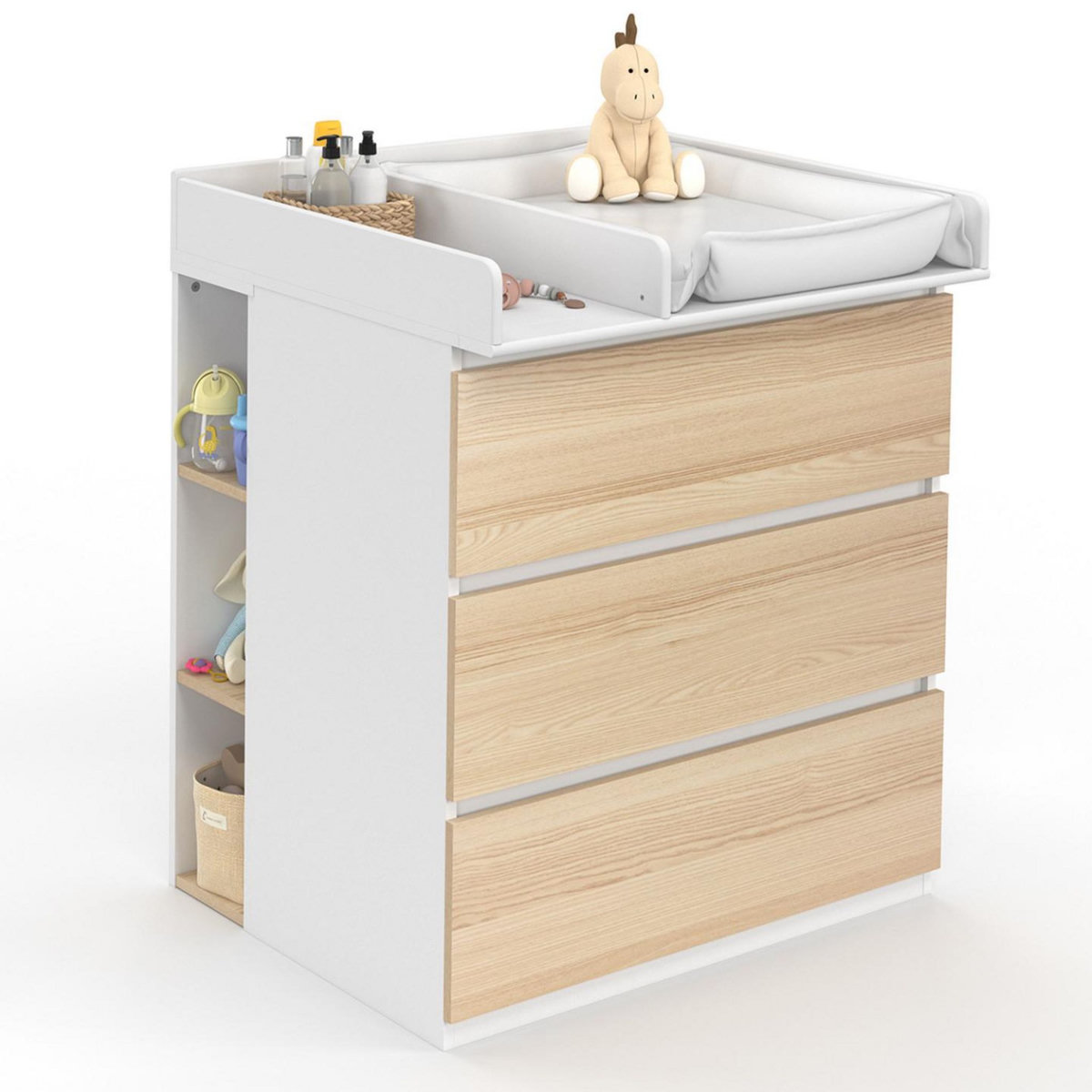 ID MARKET Commode à langer évolutive AMBRE façon hêtre et blanc 3 tiroirs table à langer et 2 étagères amovibles