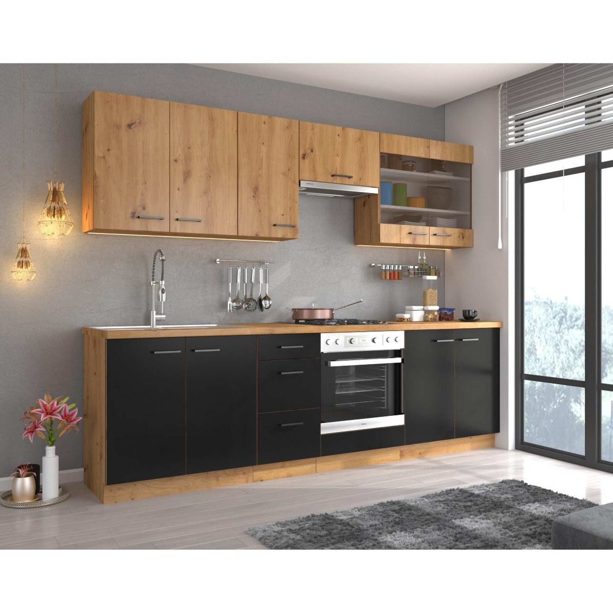 Voir la diapositive 3 : JLC KREATION Cuisine complète moderne noir et bois 260cm odessa