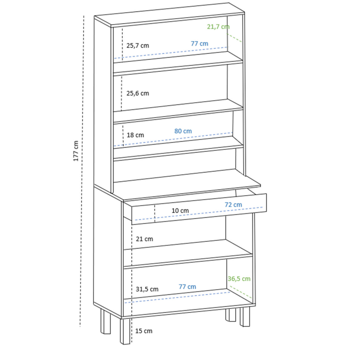ID MARKET Buffet de cuisine 80 CM CINA 4 portes + tiroir noir et façon hêtre