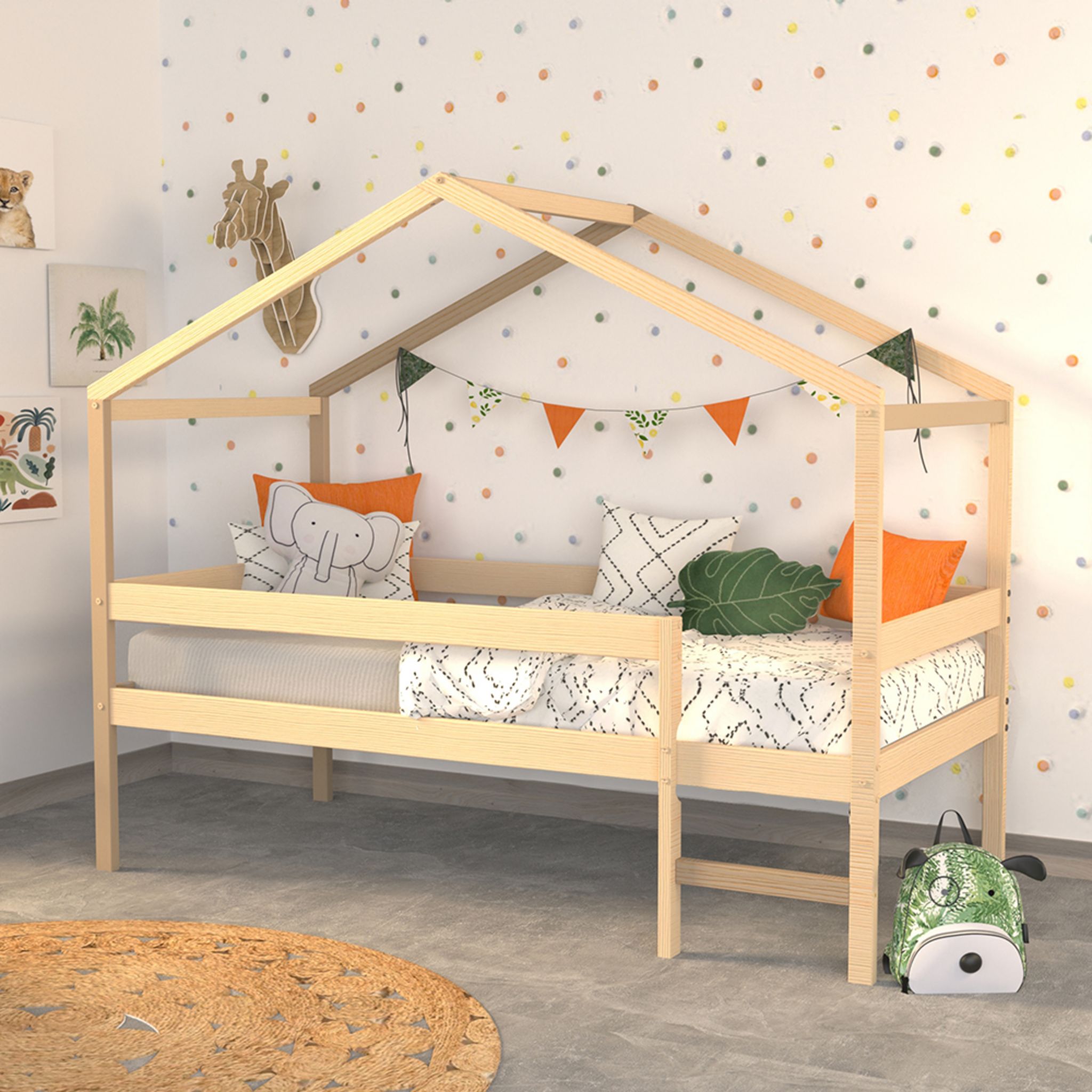 Lit cabane bois massif 90x190 cm avec sommier barrière et échelle ELIO. Coloris disponibles : Bois, Blanc