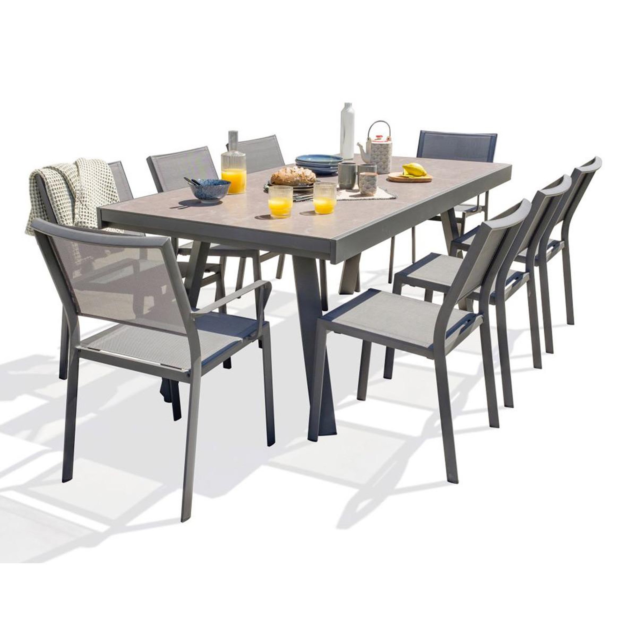 DCB GARDEN Ensemble Table de Jardin en Céramique 6 Chaises & 2 Fauteuils  Stockholm  200-300cm Gris Anthracite