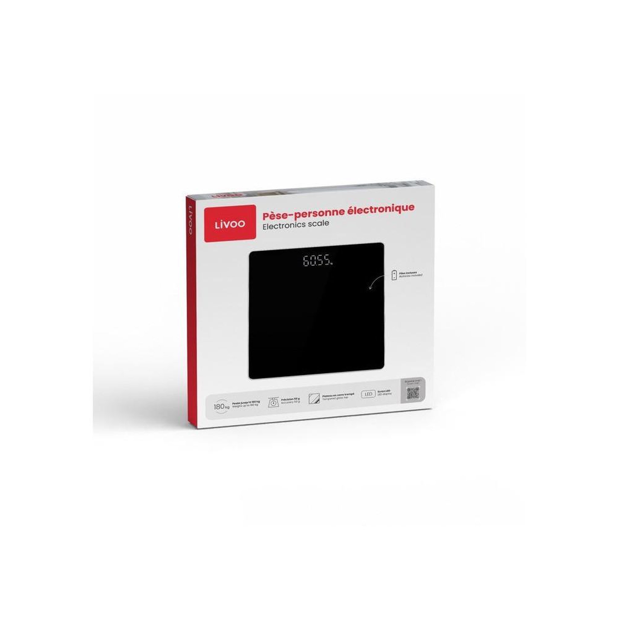 Voir la diapositive 2 : LIVOO Livoo balance de salle de bain électronique dom524n à écran led rouge en verre trempé, capacité 180 kg, précision 50 g