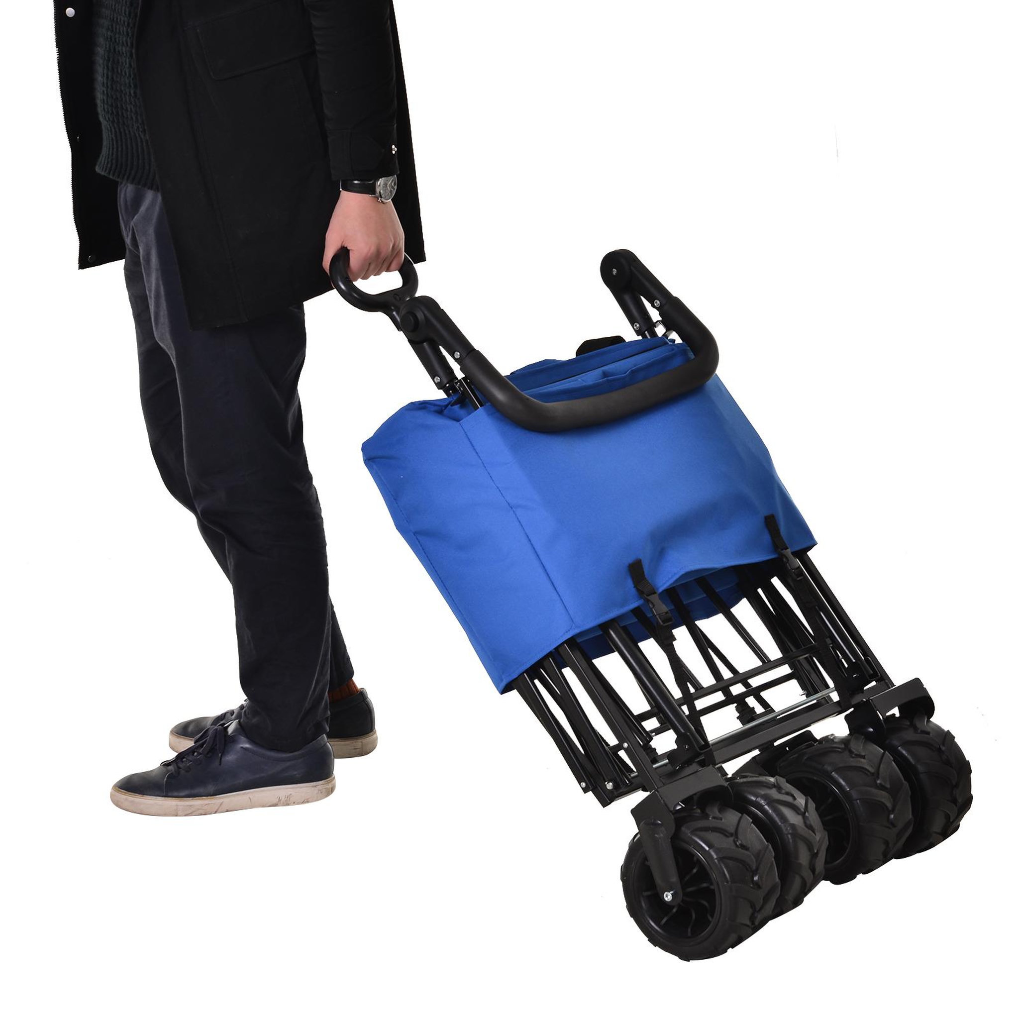 Voir la diapositive 5 : OUTSUNNY Chariot pliant avec toit, poignée, panier - chariot de plage - chariot de transport pliable tout-terrain métal noir oxford bleu