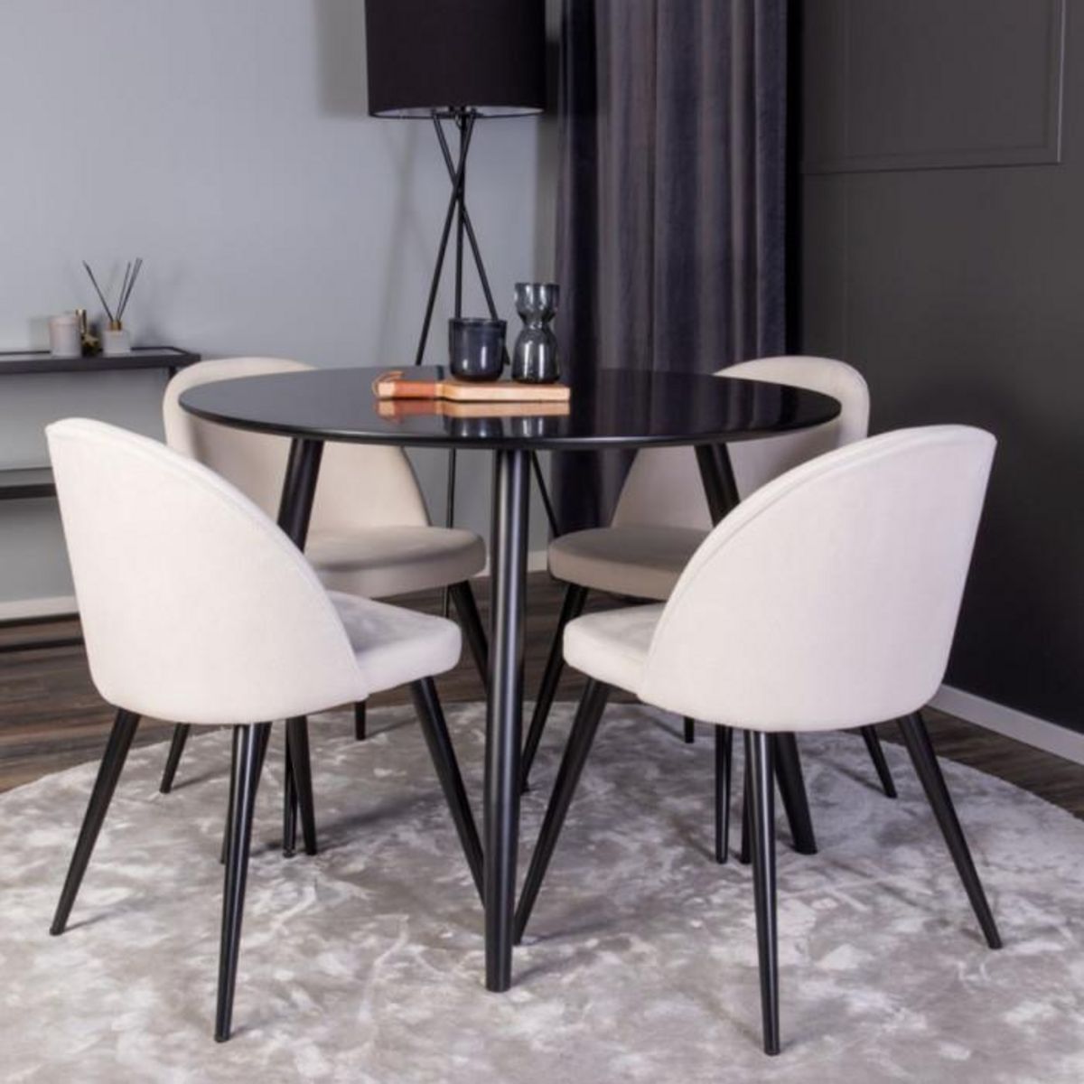 Paris Prix Ensemble Table à Manger & 4 Chaises  Plaza I & Velvet  100cm Noir & Crème