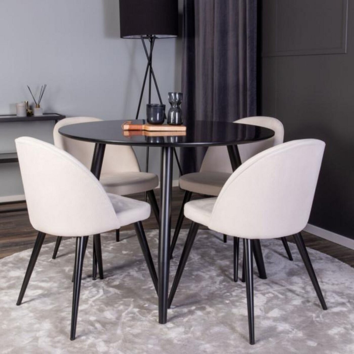 Paris Prix Ensemble Table à Manger & 4 Chaises  Plaza I & Velvet  100cm Noir & Crème