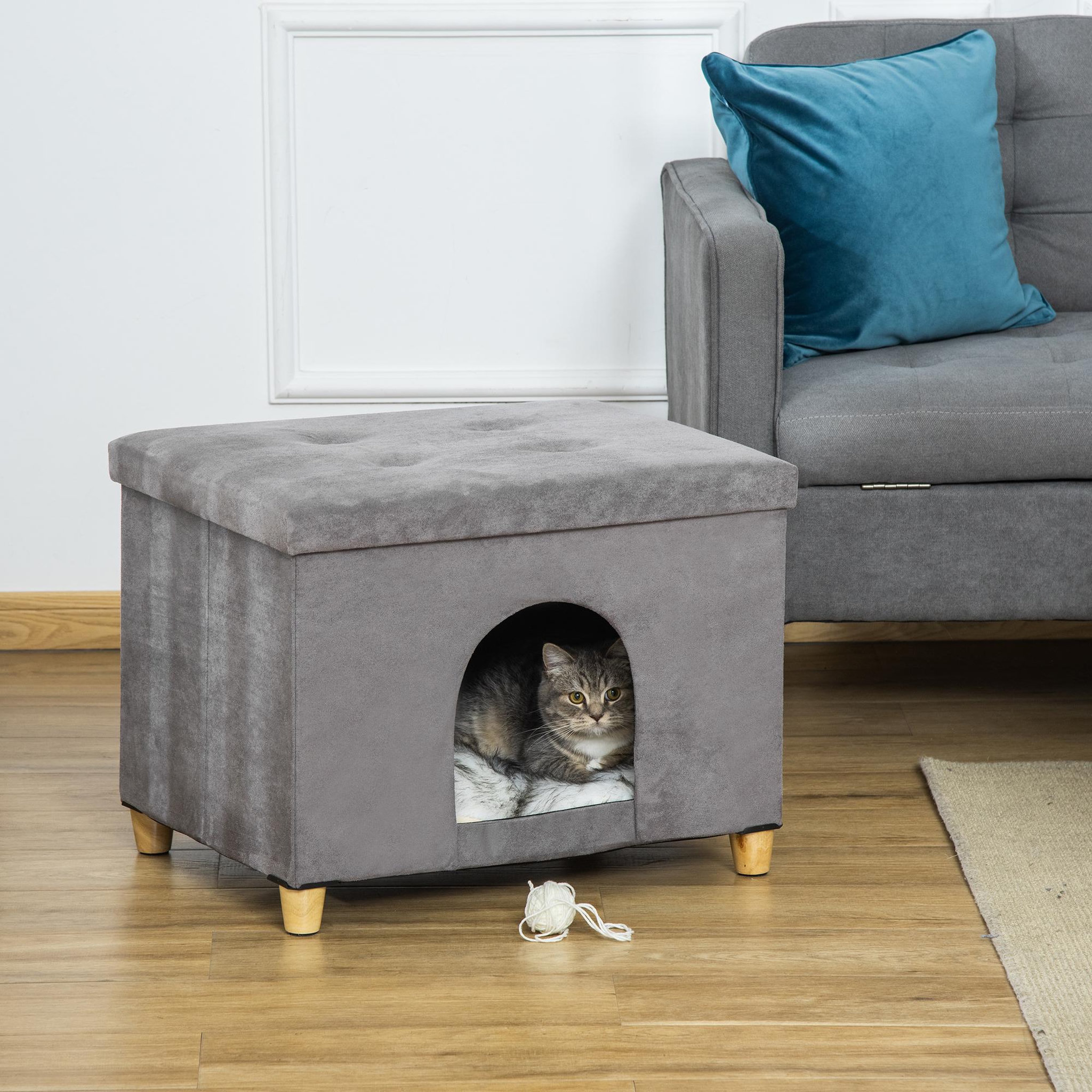 Voir la diapositive 2 : PAWHUT Niche chat maison de chat sur pied repose-pied 2 en 1 - coussin inclus - pliable - MDF peluche suédé gris