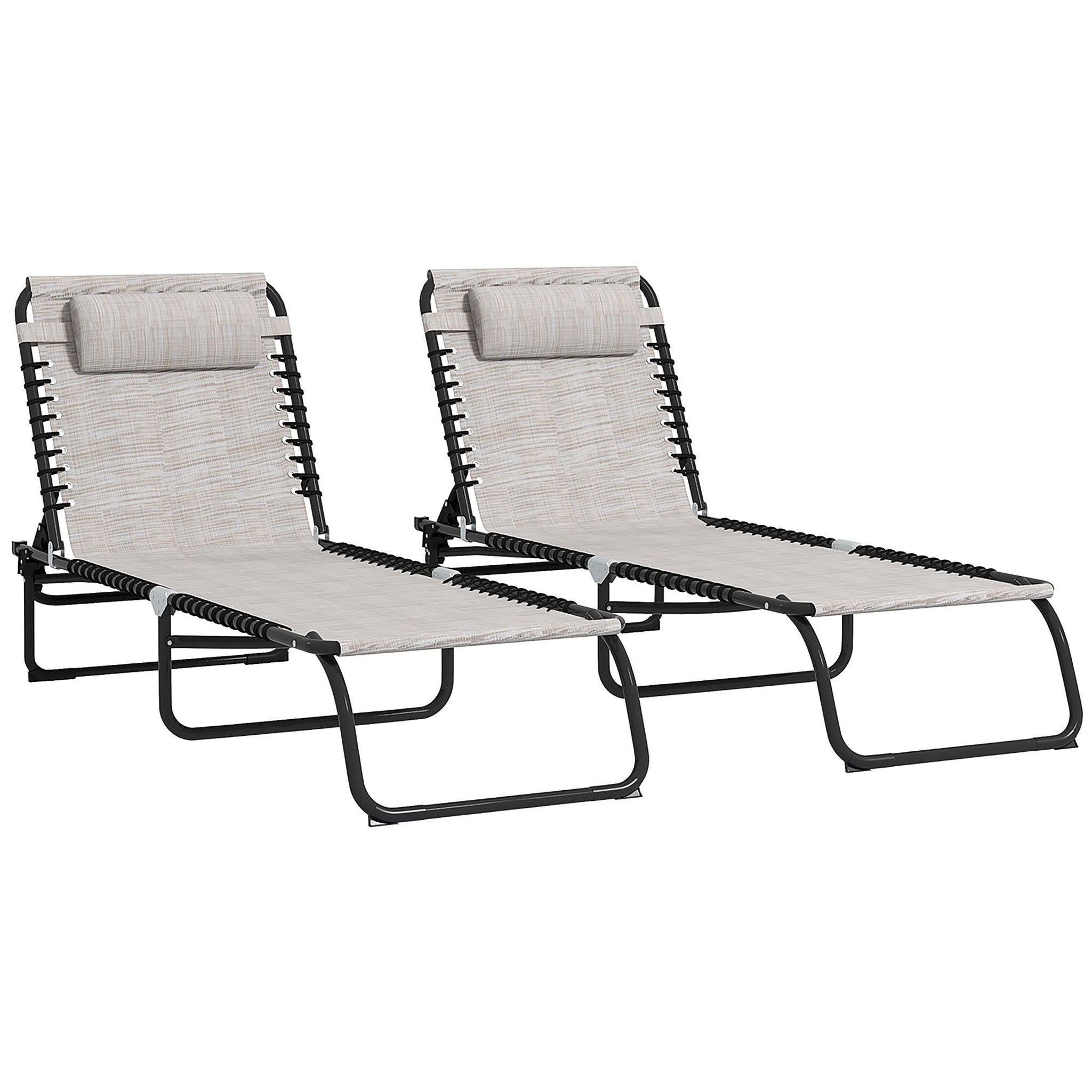 Voir la diapositive 1 : OUTSUNNY Lot de 2 bains de soleil transats pliables inclinables acier lacets élastiques noir textilène crème