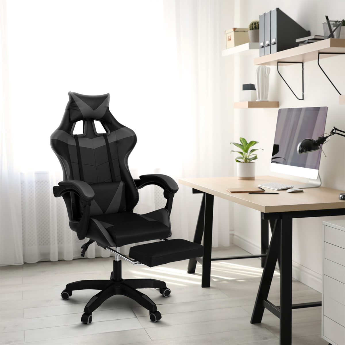 ID MARKET Fauteuil de gaming ALEX réglable avec repose-pied, coussin de tête et coussin lombaire noir et gris