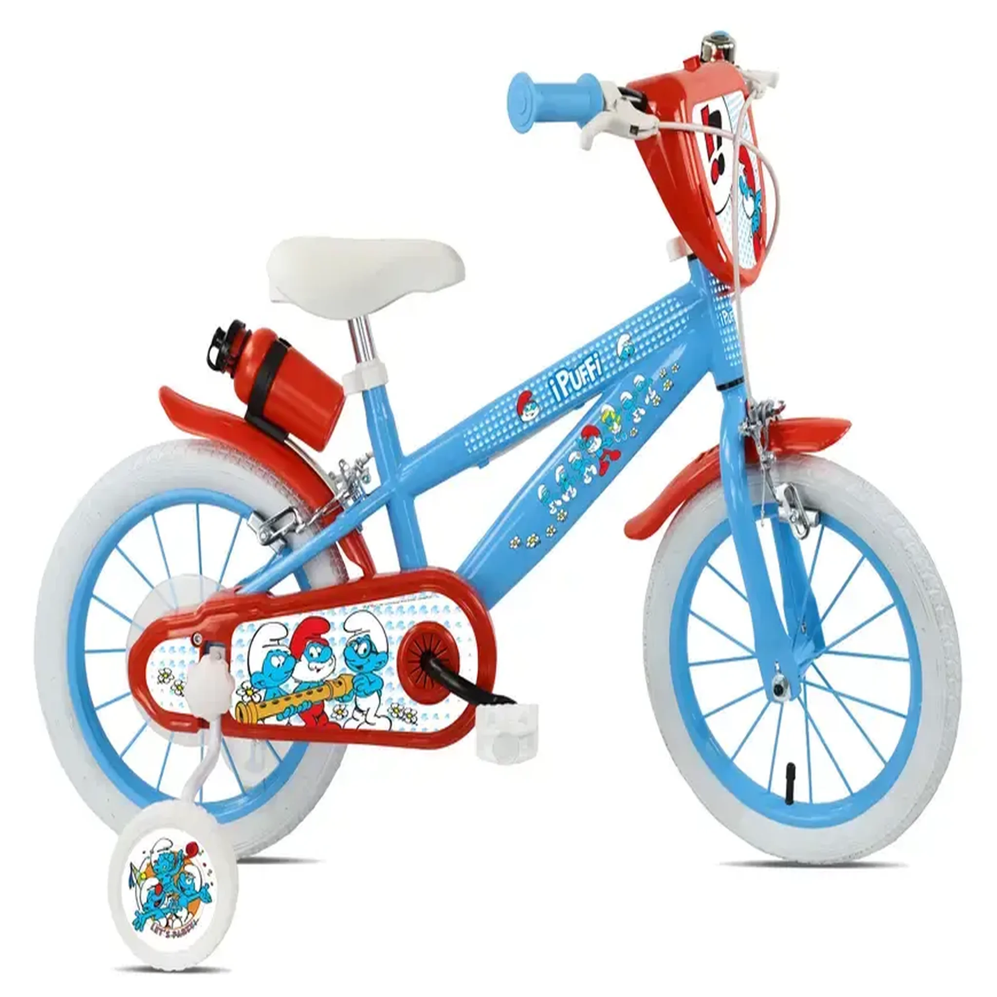 Vélo enfant - Modèle 14'' Schtroumpfs  pour enfant de taille 90 cm à 105 cm équipé de 2 freins, plaque avant, Gardes Boues + Gourde