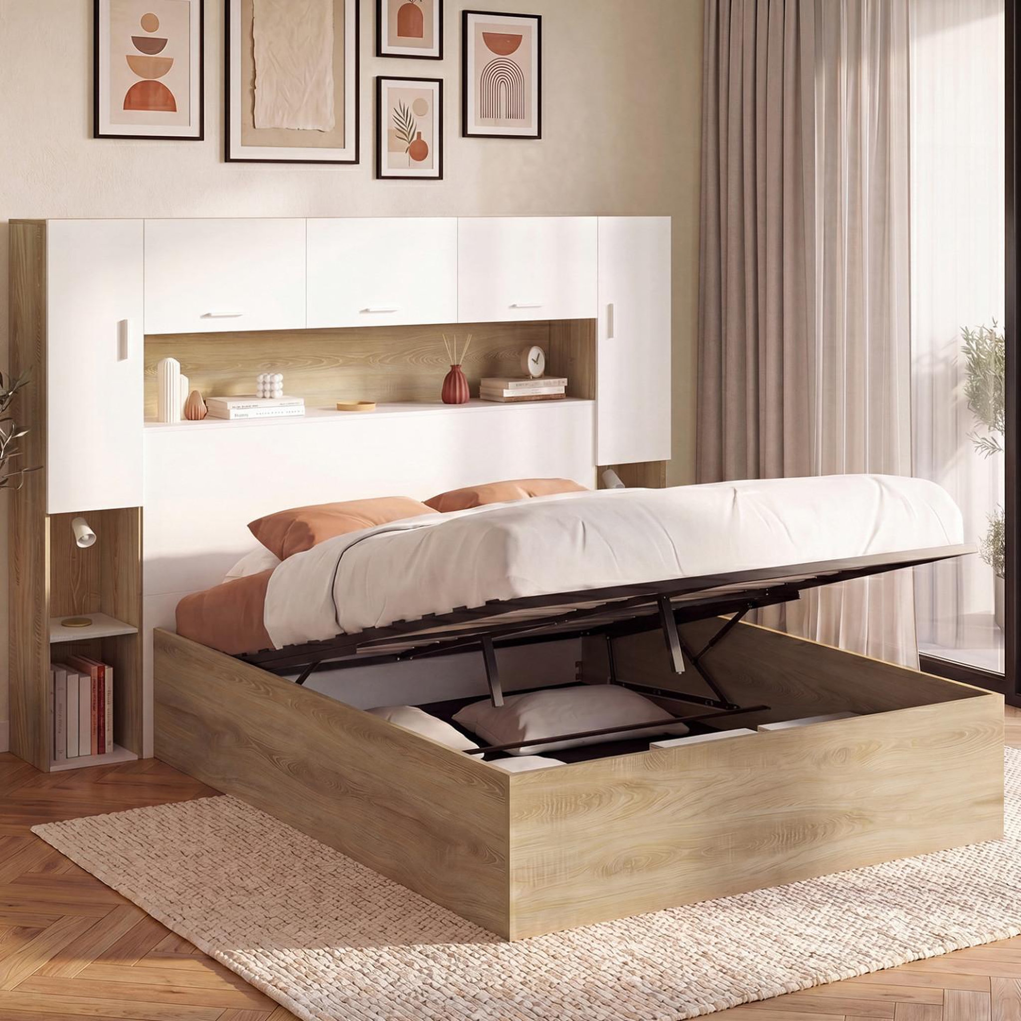 Voir la diapositive 2 : ID MARKET Lit pont coffre double bridget armoire avec rangements et sommier 140 x 190 cm bois et blanc