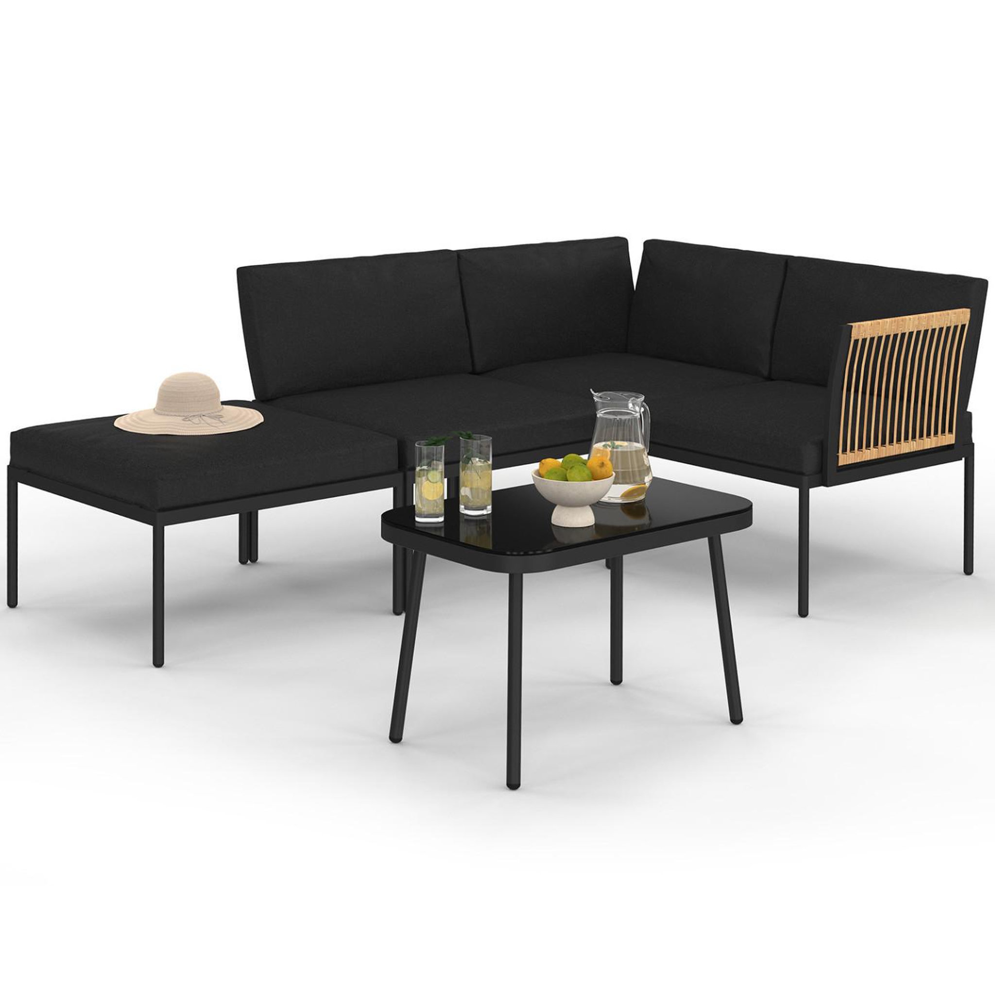 ID MARKET Salon de jardin bas rio 4 places modulable structure métal noir, cordage effet rotin clair avec coussins noirs