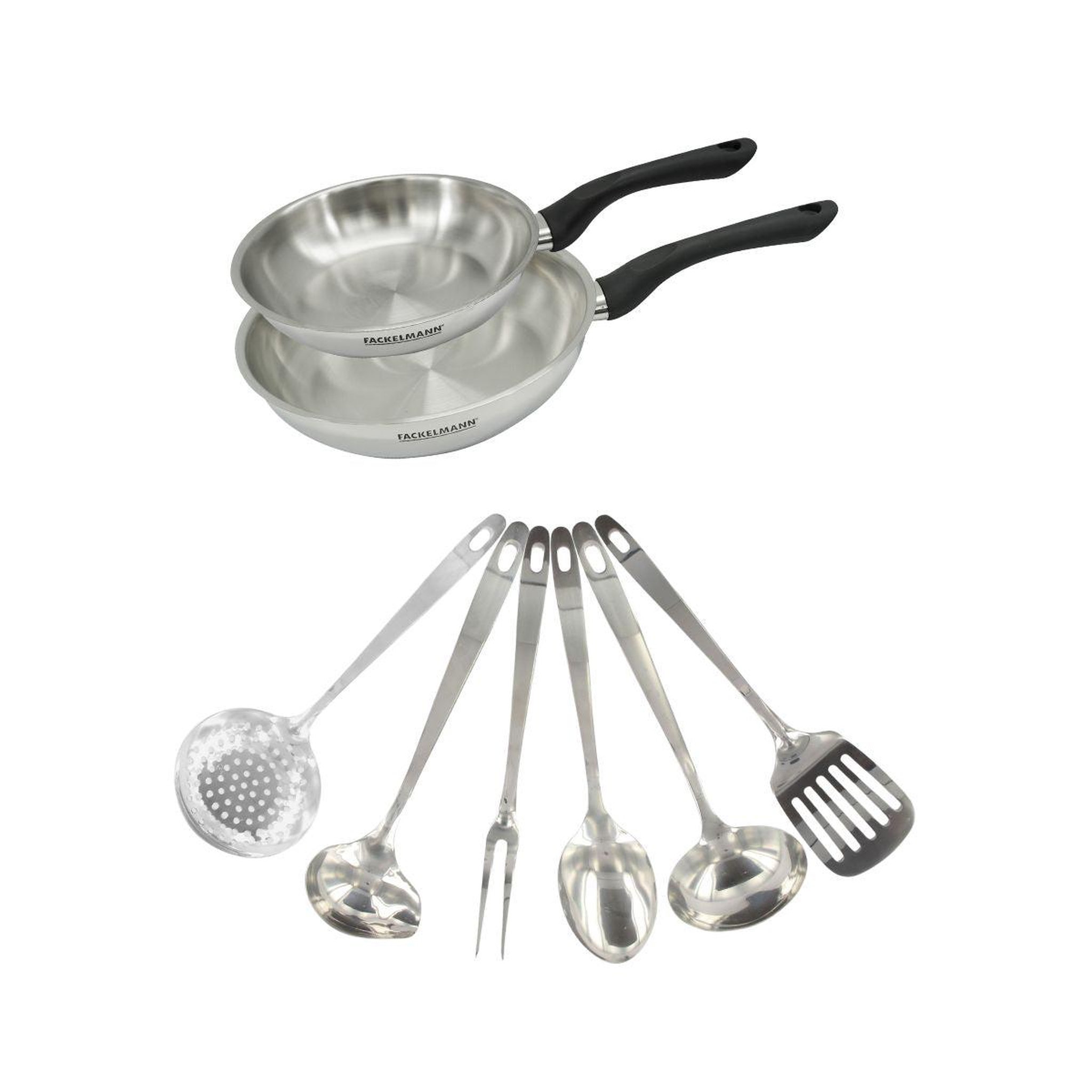 Fackelmann Set 2 poêles 20 et 24 cm en inox et 6 ustensiles inox fackelmann geneva