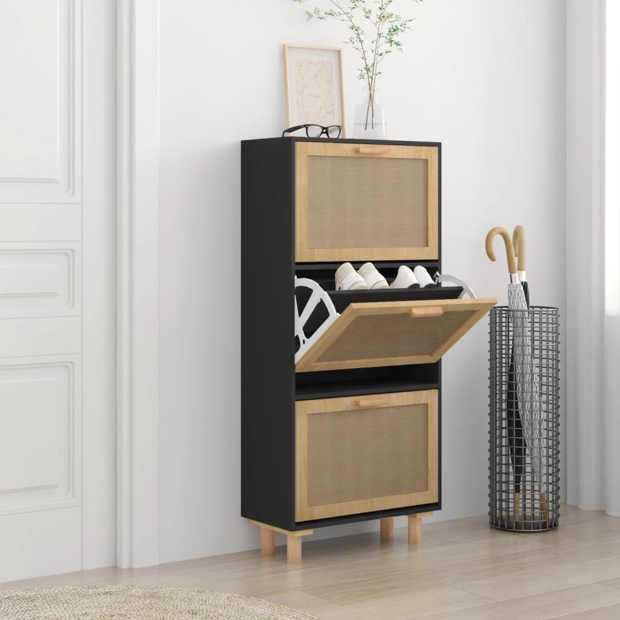 Voir la diapositive 1 : VIDAXL Armoire a chaussures Noir 52x25x115 cm Bois d'ingenierie/rotin