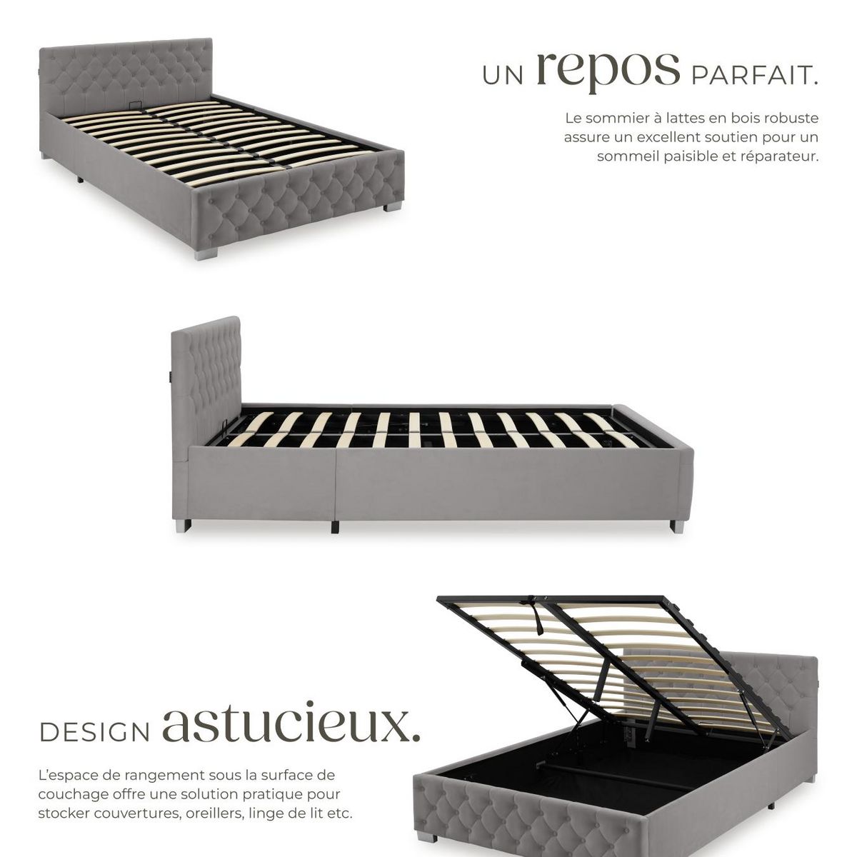 tectake Lit rembourré En aspect velours avec motif matelassé gris foncé 140 x 200 cm