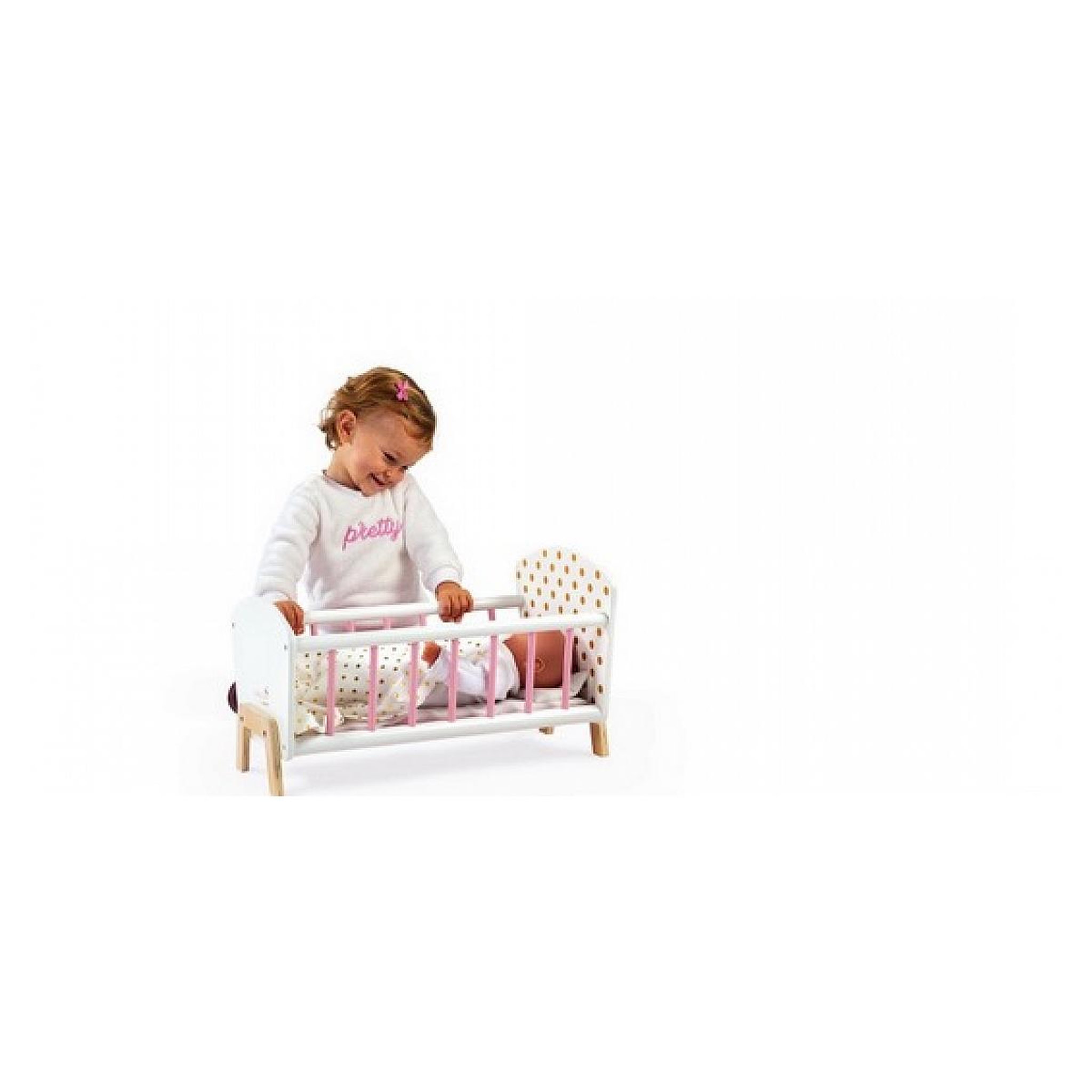 Voir la diapositive 3 : Juratoys-Janod Lit de Poupée Candy Chic en Bois Blanc et Rose - Accessoire Idéal pour Enfants