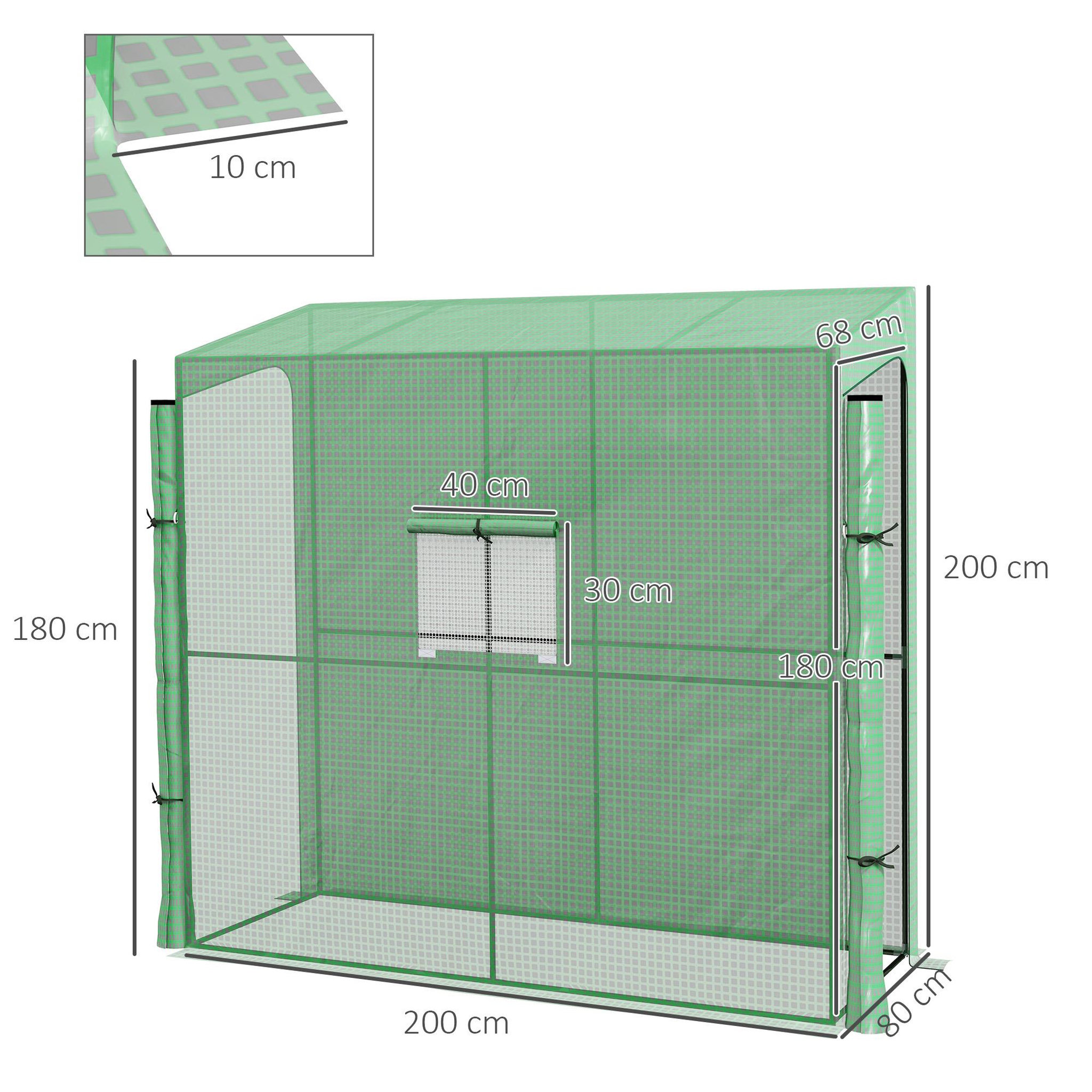 Voir la diapositive 3 : OUTSUNNY Serre de jardin adossée serre adossée dim. 2l x 0,8l x 2h m 2 portes zippées fenêtre acier pe haute densité vert