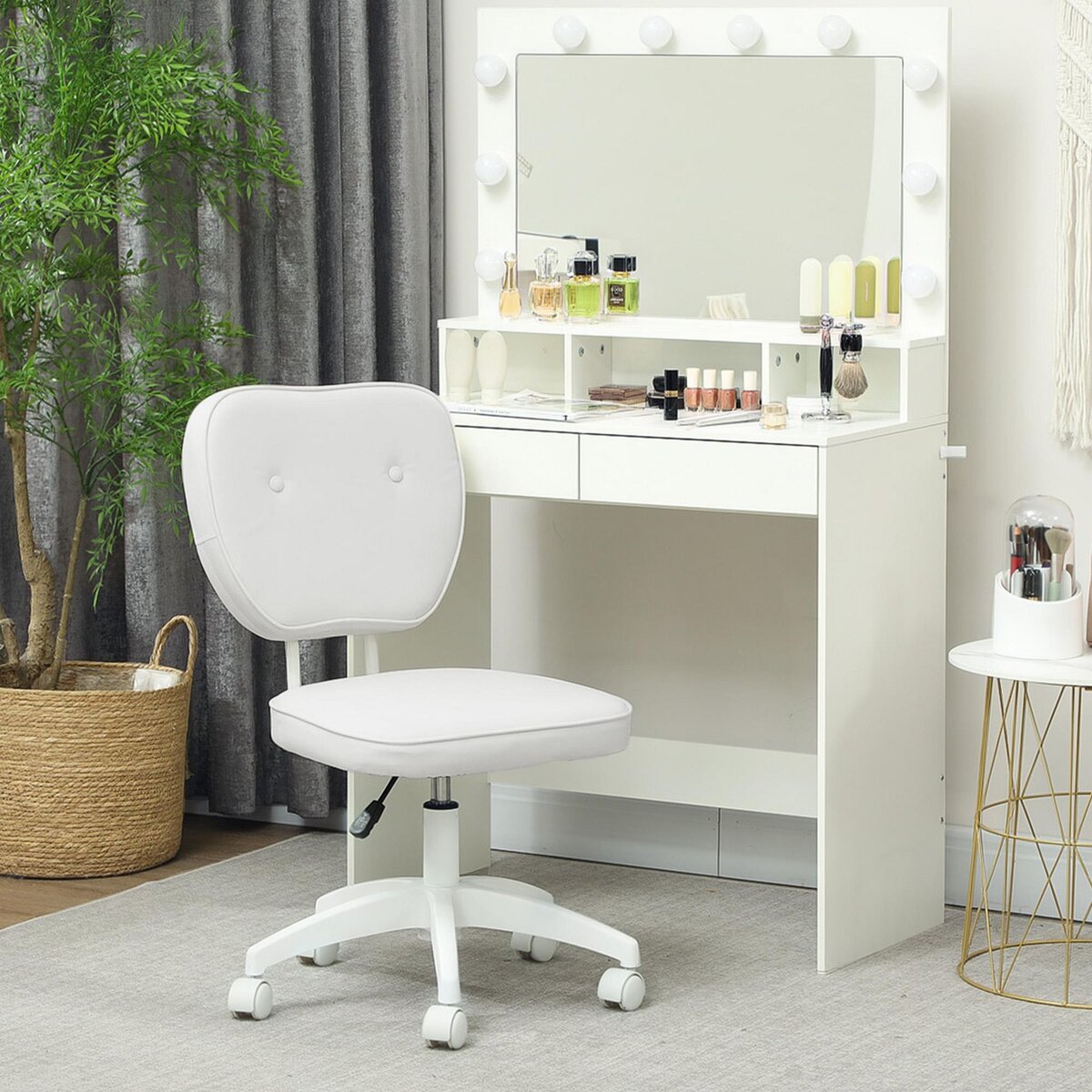 VINSETTO Chaise de bureau design Chersterfied dossier arrondi 2 boutons synthétique blanc
