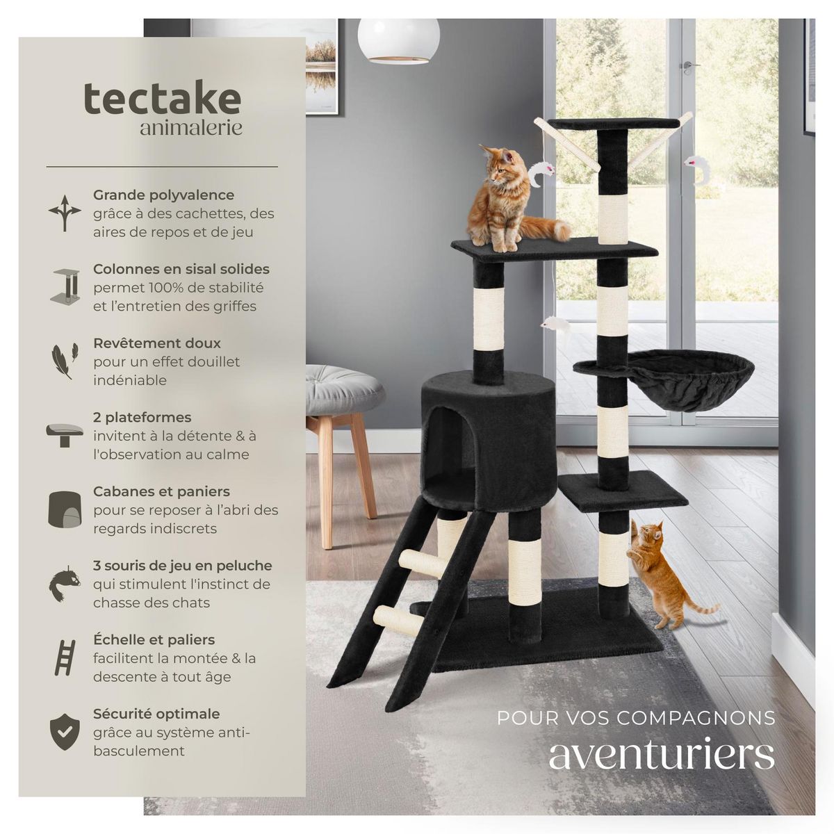 tectake Arbre à chat 144 cm avec griffoir et plateforme d'escalade noir
