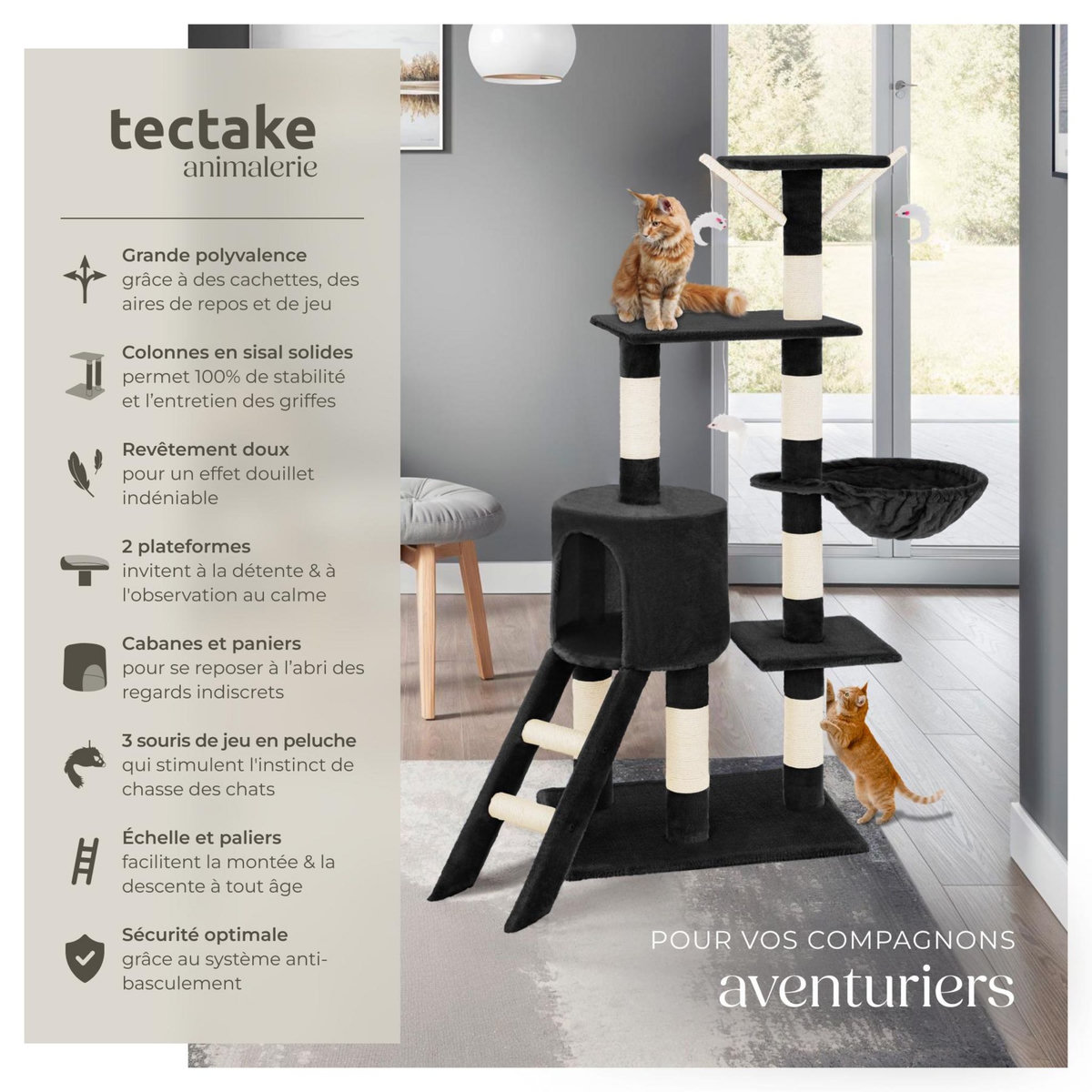 tectake Arbre à chat 144 cm avec griffoir et plateforme d'escalade noir