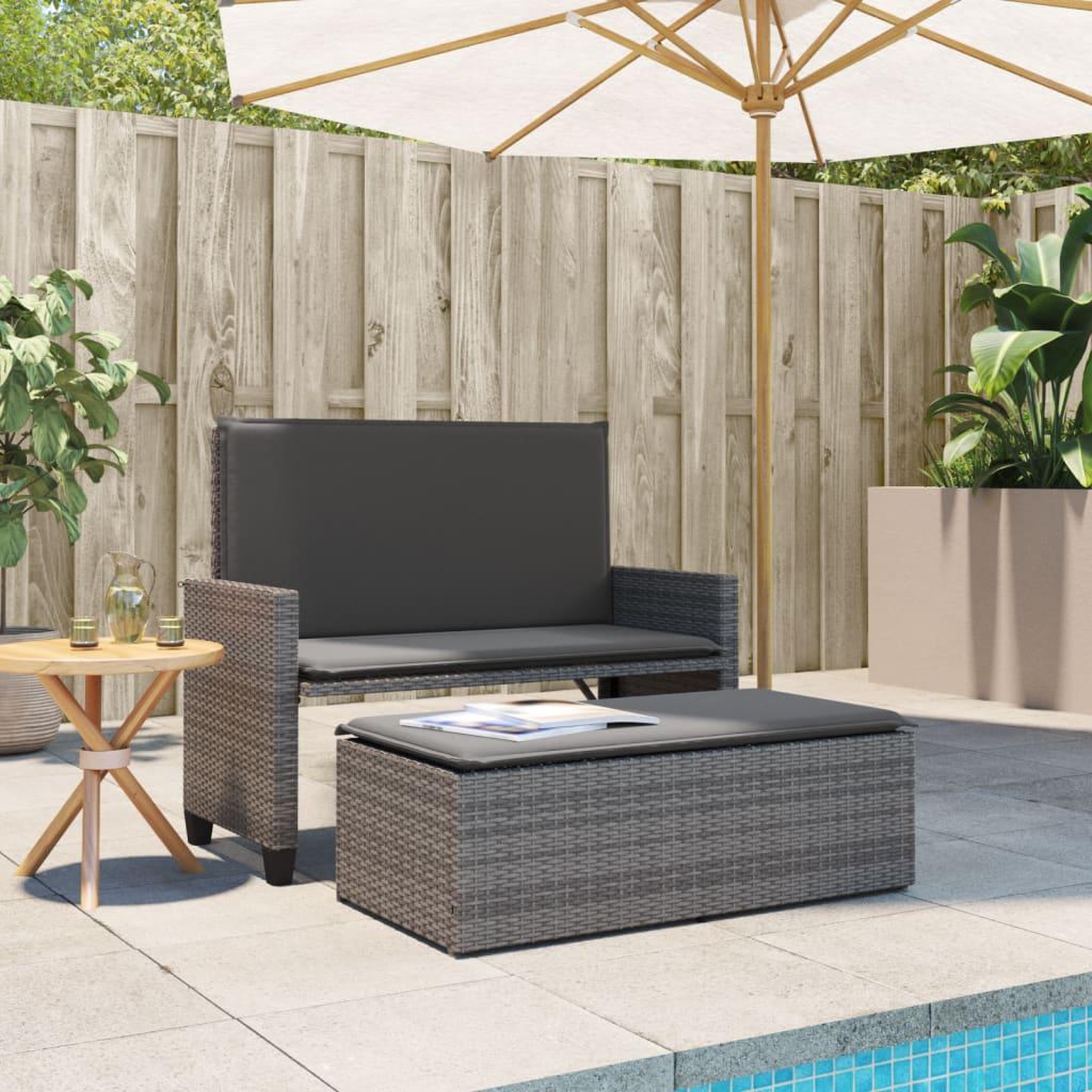 Voir la diapositive 3 : VIDAXL Banc de jardin avec coussins et repose-pied gris resine tressee