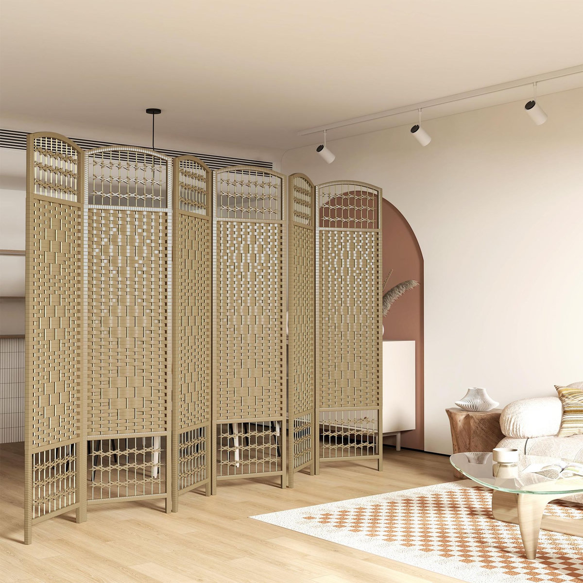 HOMCOM Paravent intérieur 6 panneaux pliables séparateur de pièce bois fibres tressées naturel