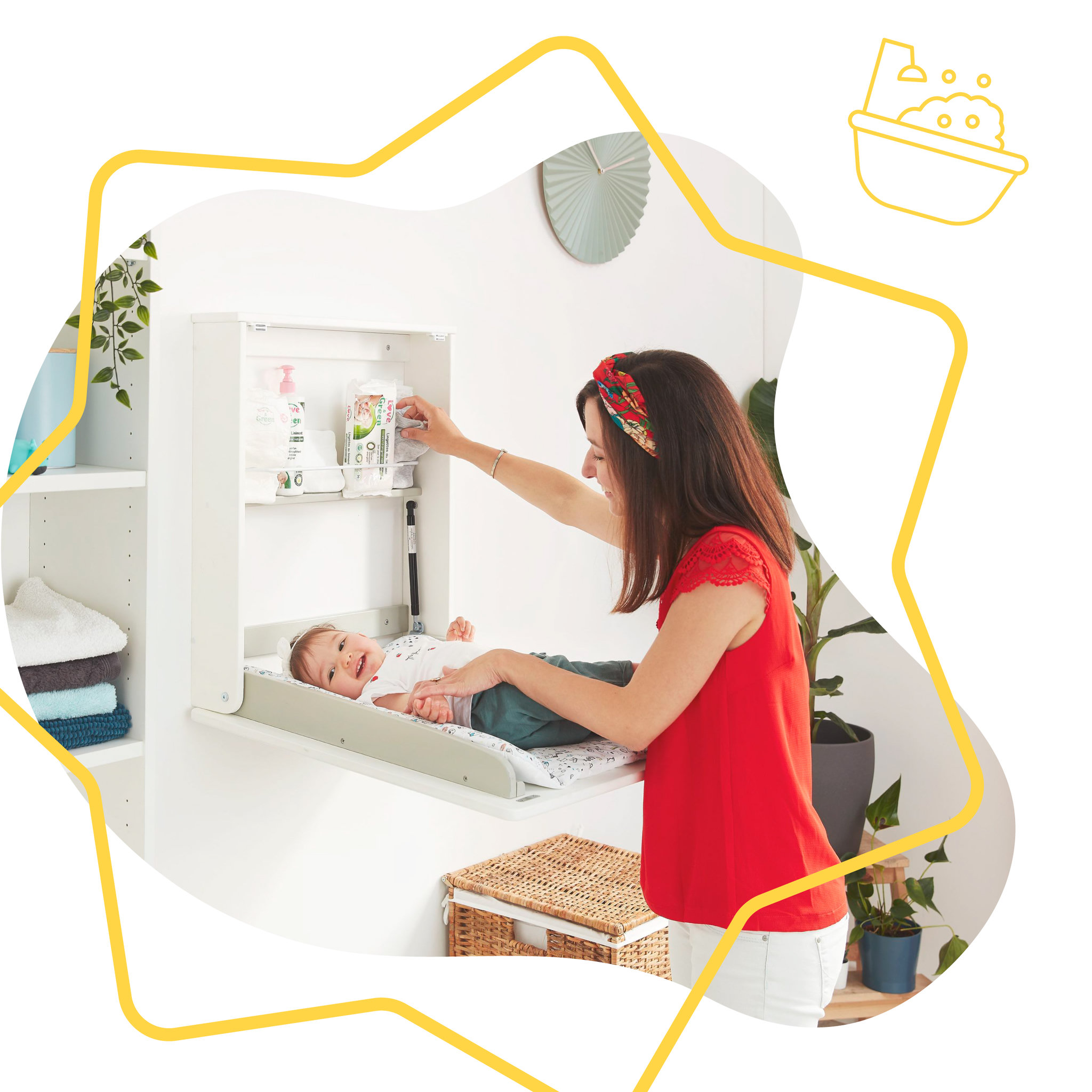 Voir la diapositive 2 : BADABULLE Table à langer murale Plouf compacte avec matelas à langer