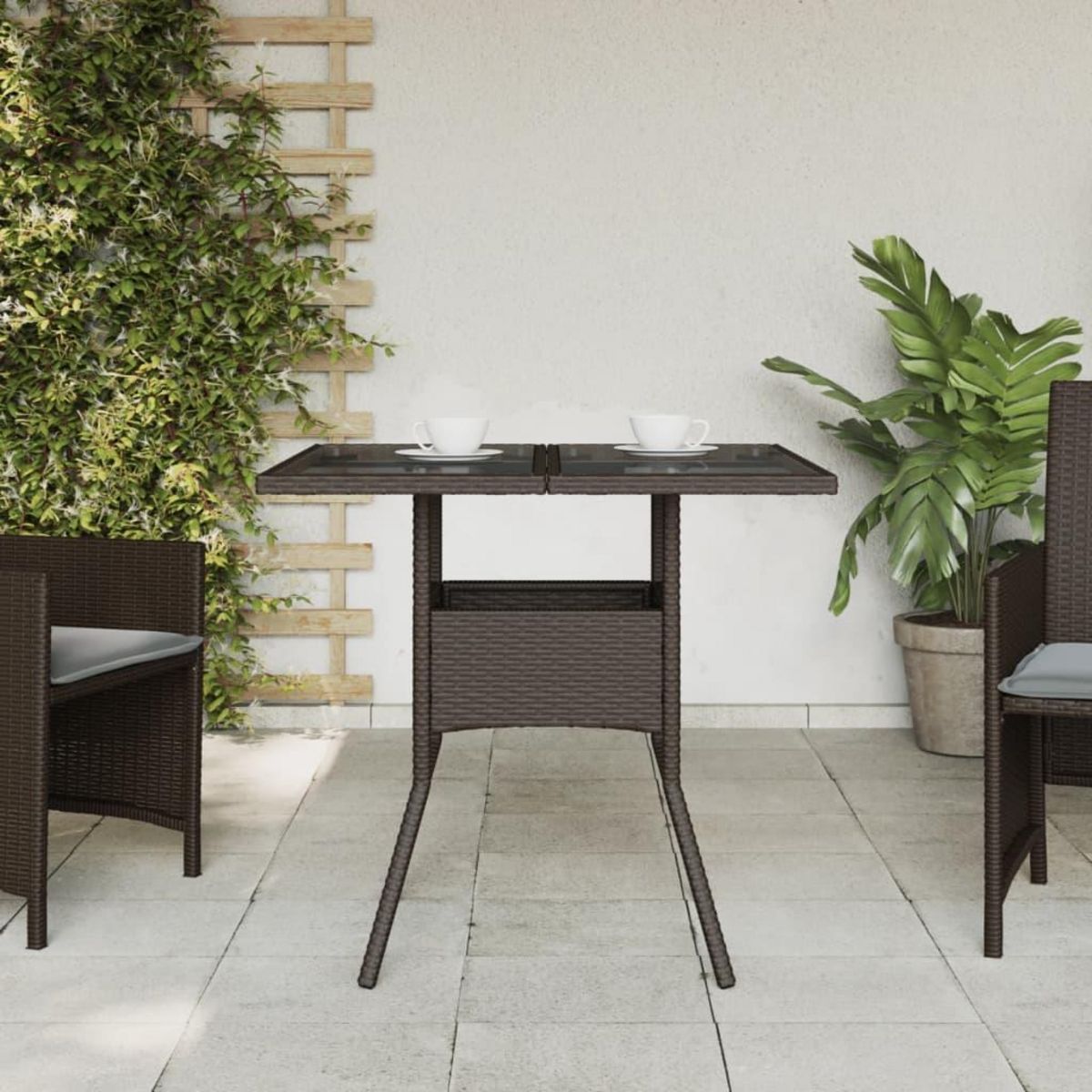 VIDAXL Table de jardin avec dessus en verre marron resine tressee