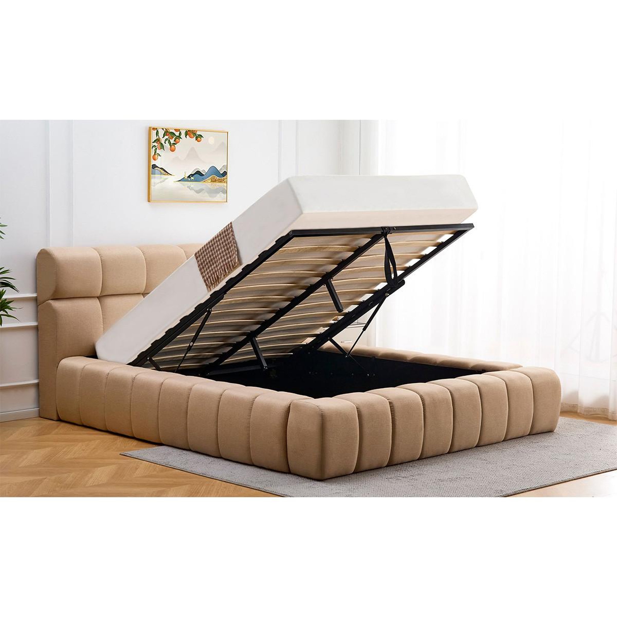 Voir la diapositive 3 : Paris Prix Lit coffre matelassé en tissu  seth  180x200cm beige