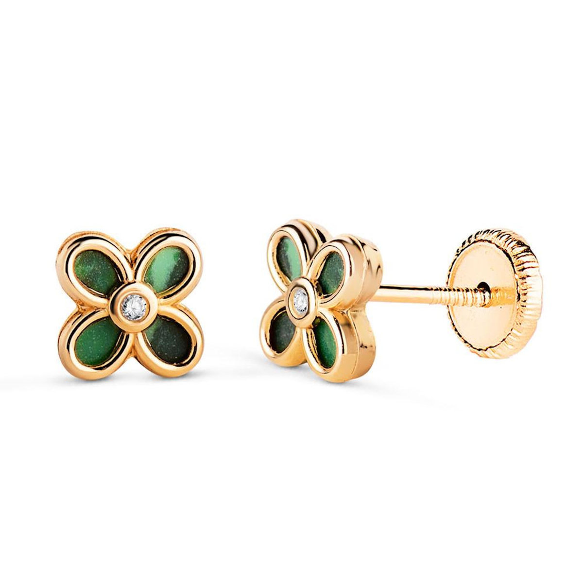 L'ATELIER D'AZUR Boucles d'Oreilles Or 18 Carats 750 Jaune - Malachite et Zirconiums - Motif Trèfle