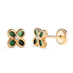 L'ATELIER D'AZUR Boucles d'Oreilles Or 18 Carats 750 Jaune - Malachite et Zirconiums - Motif Trèfle