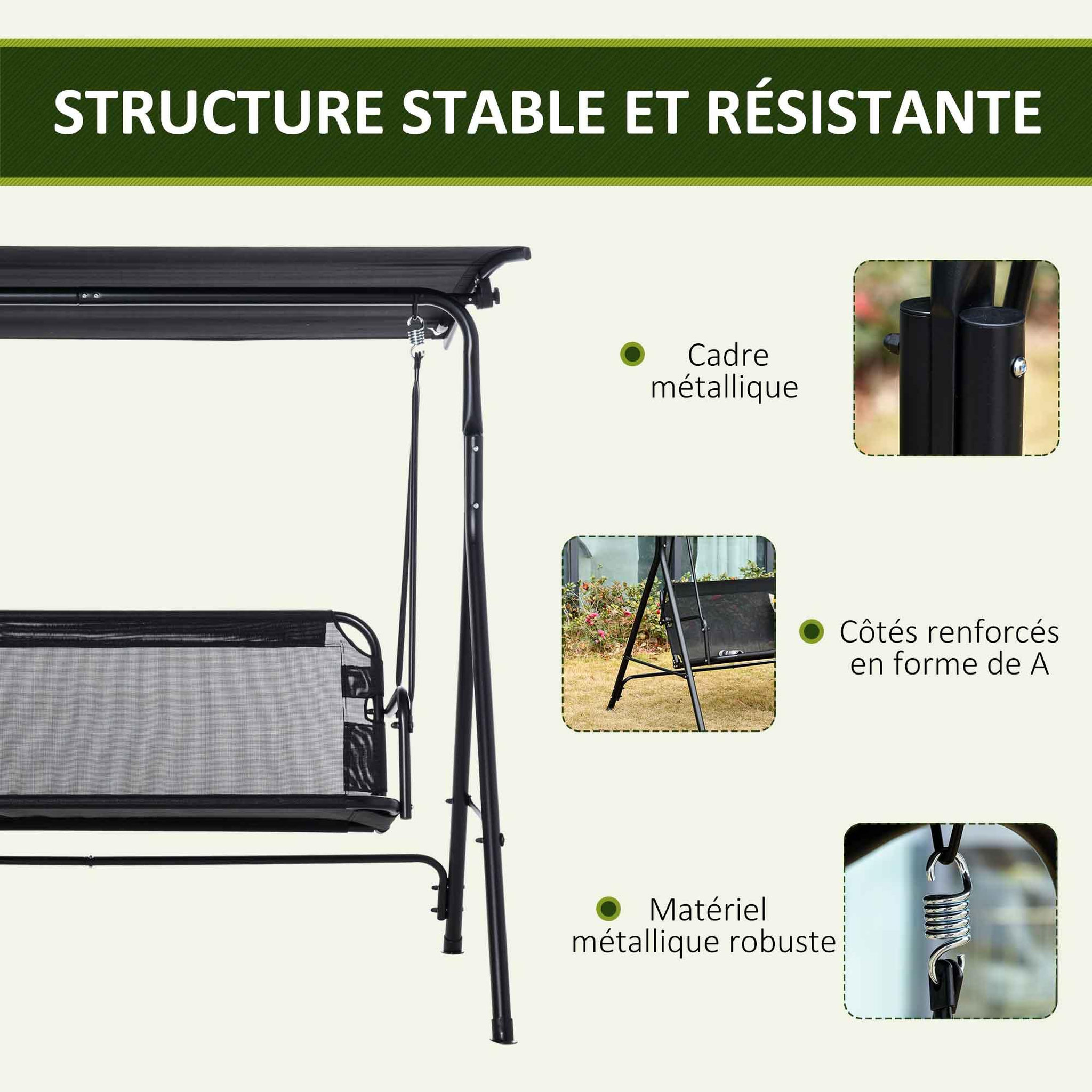 Voir la diapositive 4 : OUTSUNNY Balancelle de jardin 2 places - toit inclinaison réglable - acier textilène noir