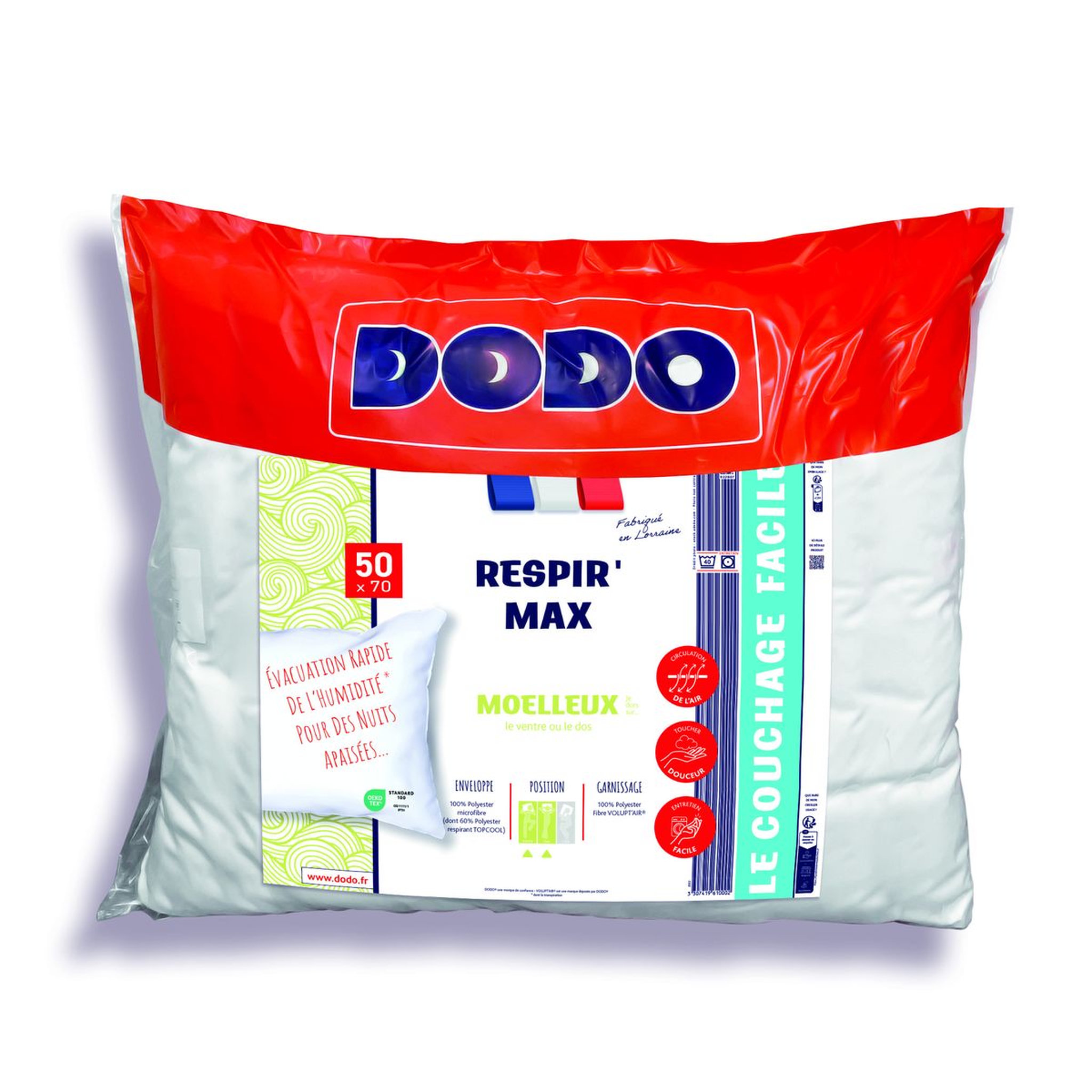 Voir la diapositive 1 : DODO Oreiller confort moelleux en microfibre Très Doux - Peau de Pêche avec Technologie Respirante Topcool RESPIR'MAX