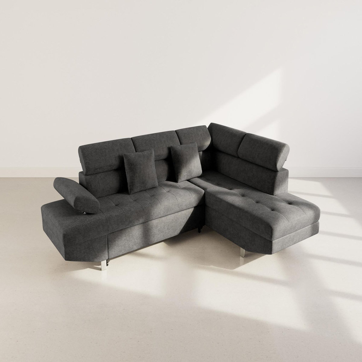 BEST MOBILIER Margaux - canapé d'angle droit 5 places convertible avec coffre et têtières réglables en velours texturé