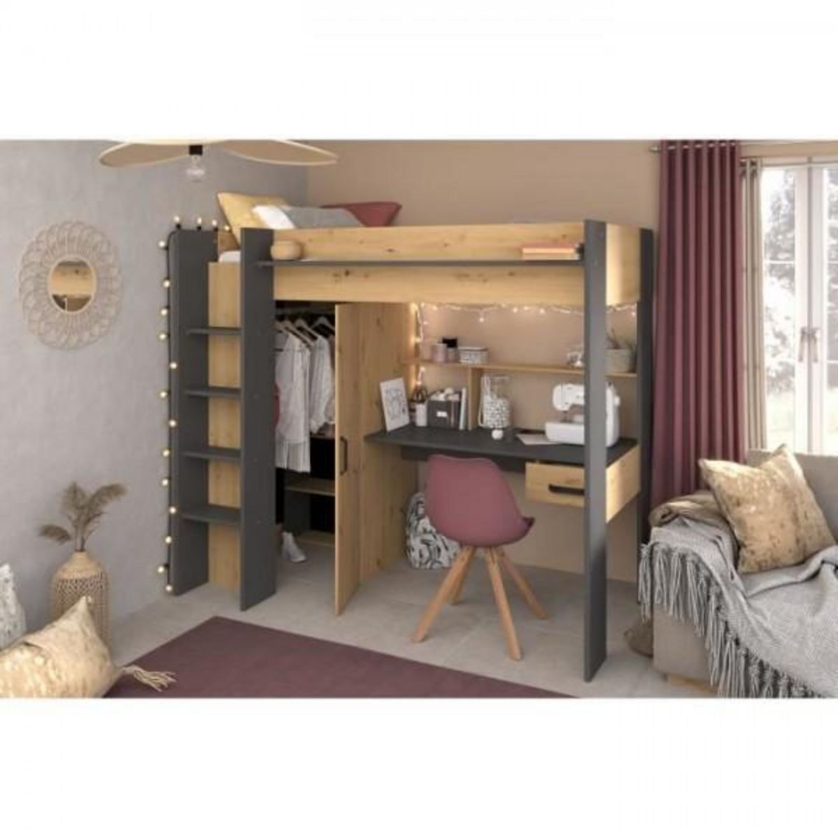 PARISOT Lit combiné mezzanine enfant PARISOT HIGH - Chene et gris - Sommier inclus - 90 x 200 cm