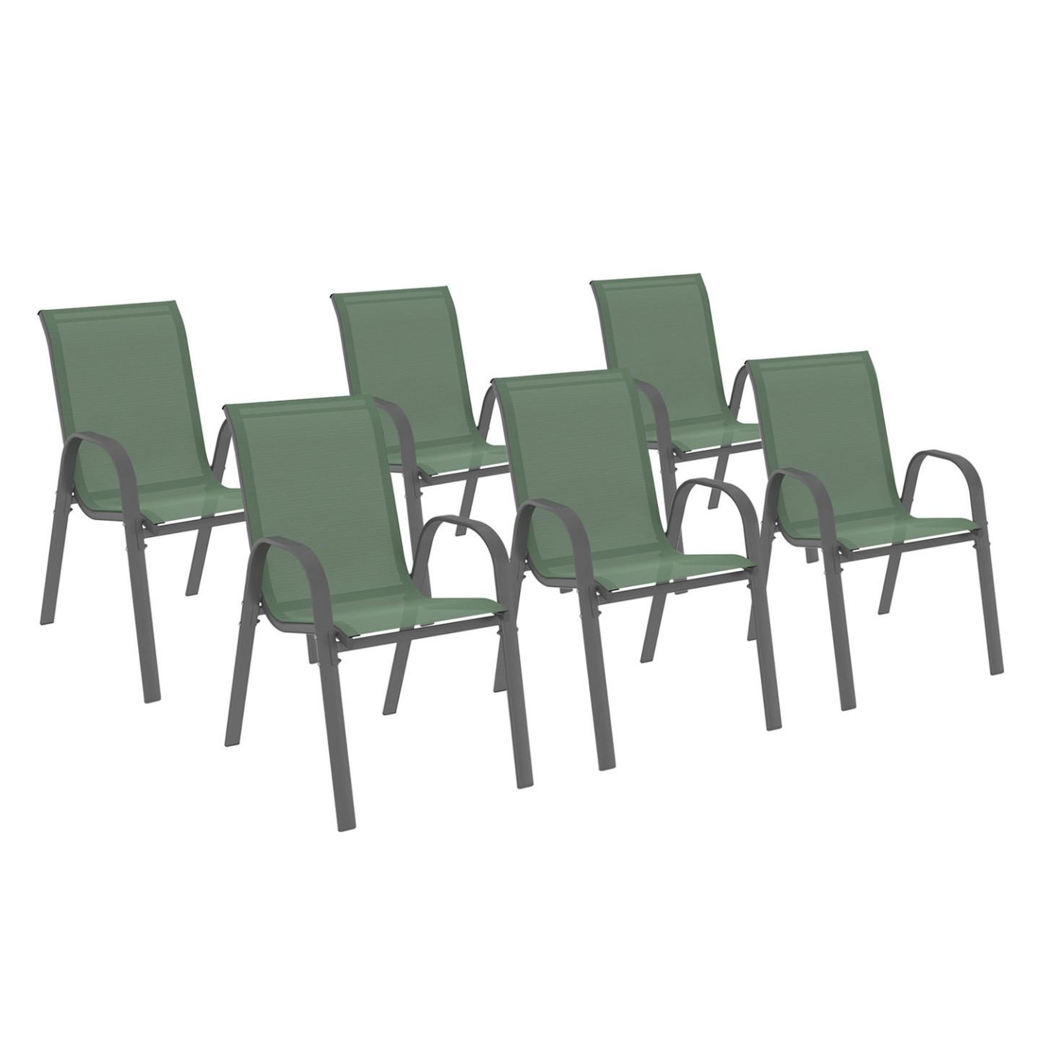 ID MARKET Lot de 6 chaises de jardin lyma métal et textilène empilables vert olive et gris
