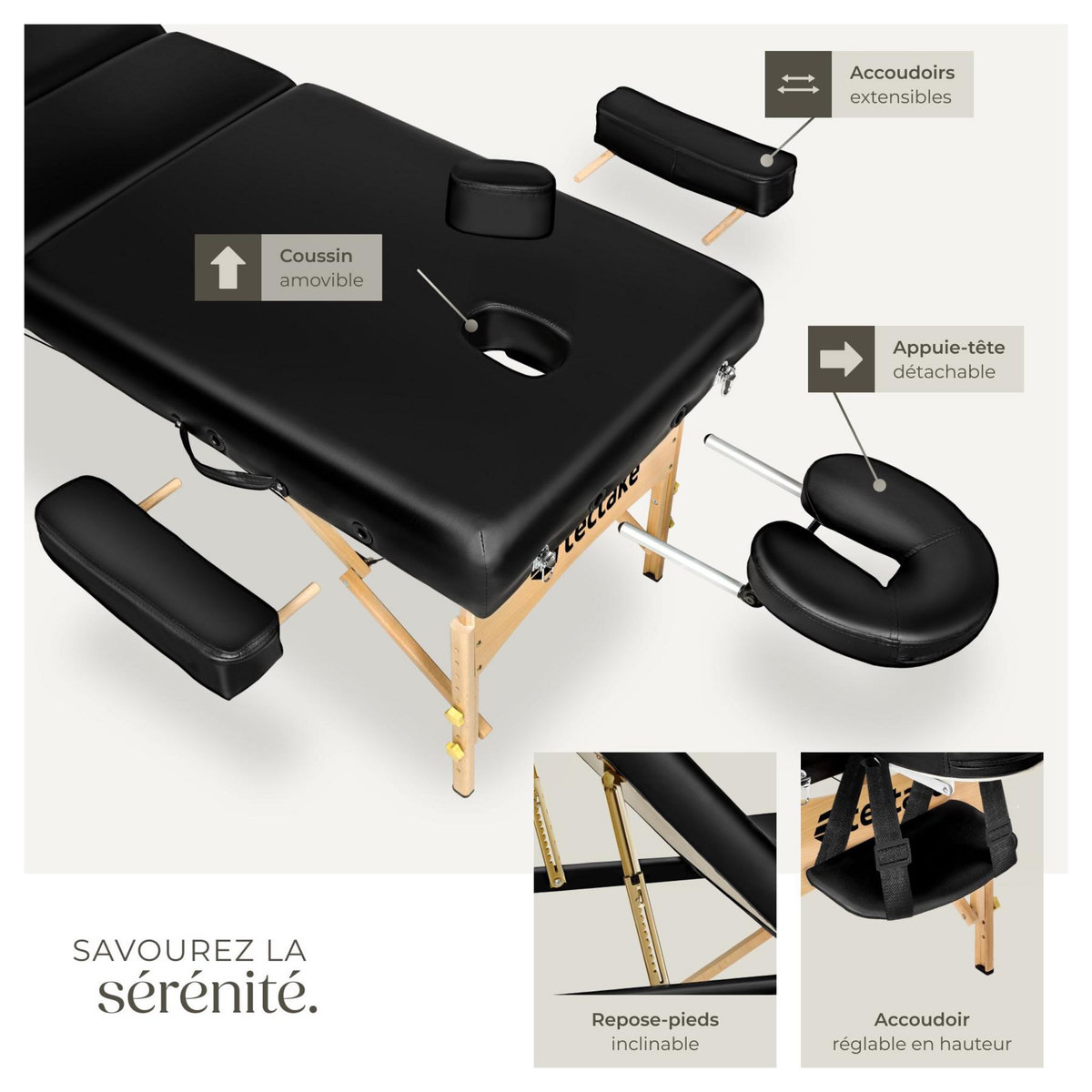 tectake Table de massage portable et pliante à 3 zones largeur 70 cm et rembourrage 10 cm noir