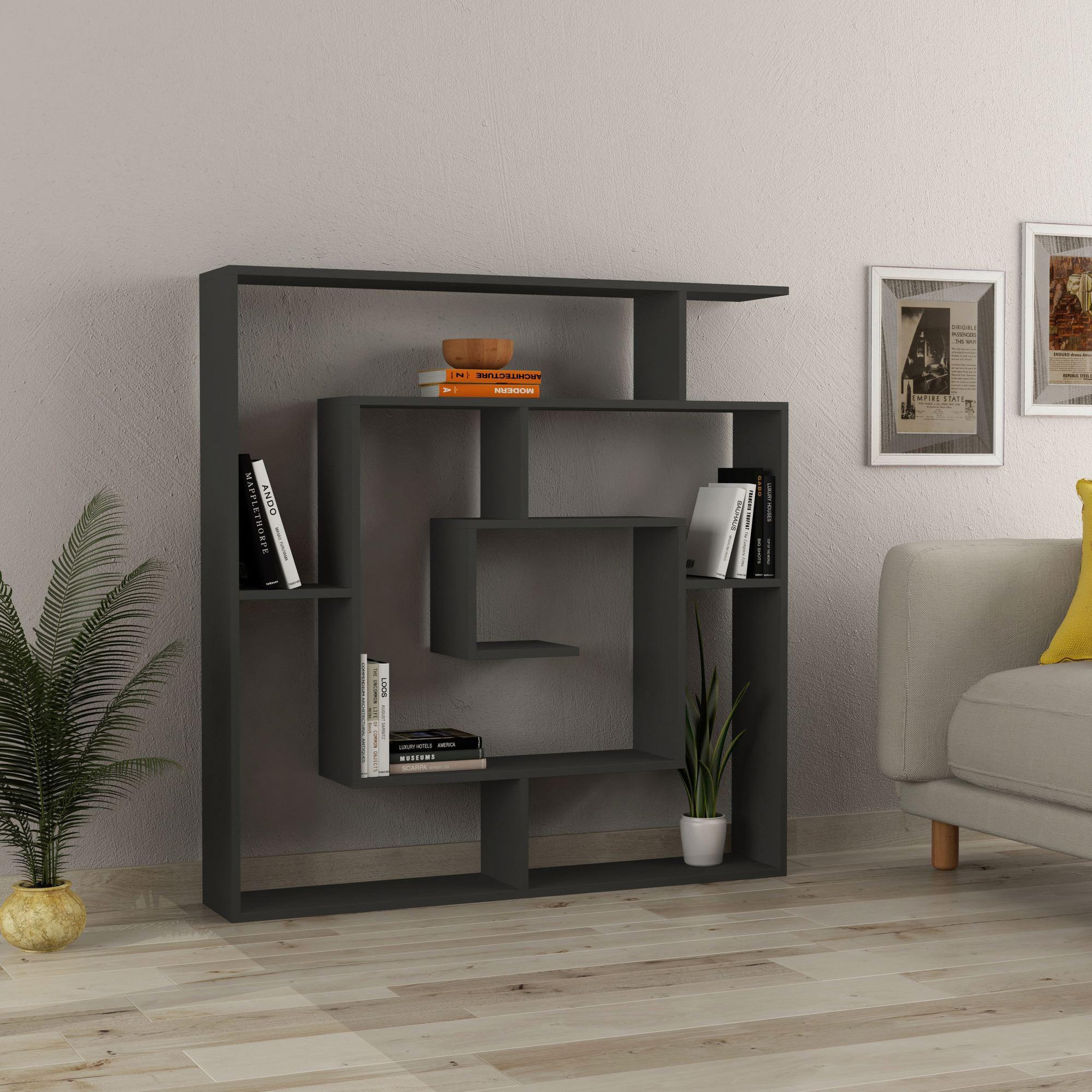 Voir la diapositive 2 : Habitat et Jardin Bibliothèque en bois  labirent  - 125 x 22 x 129 cm - gris anthracite