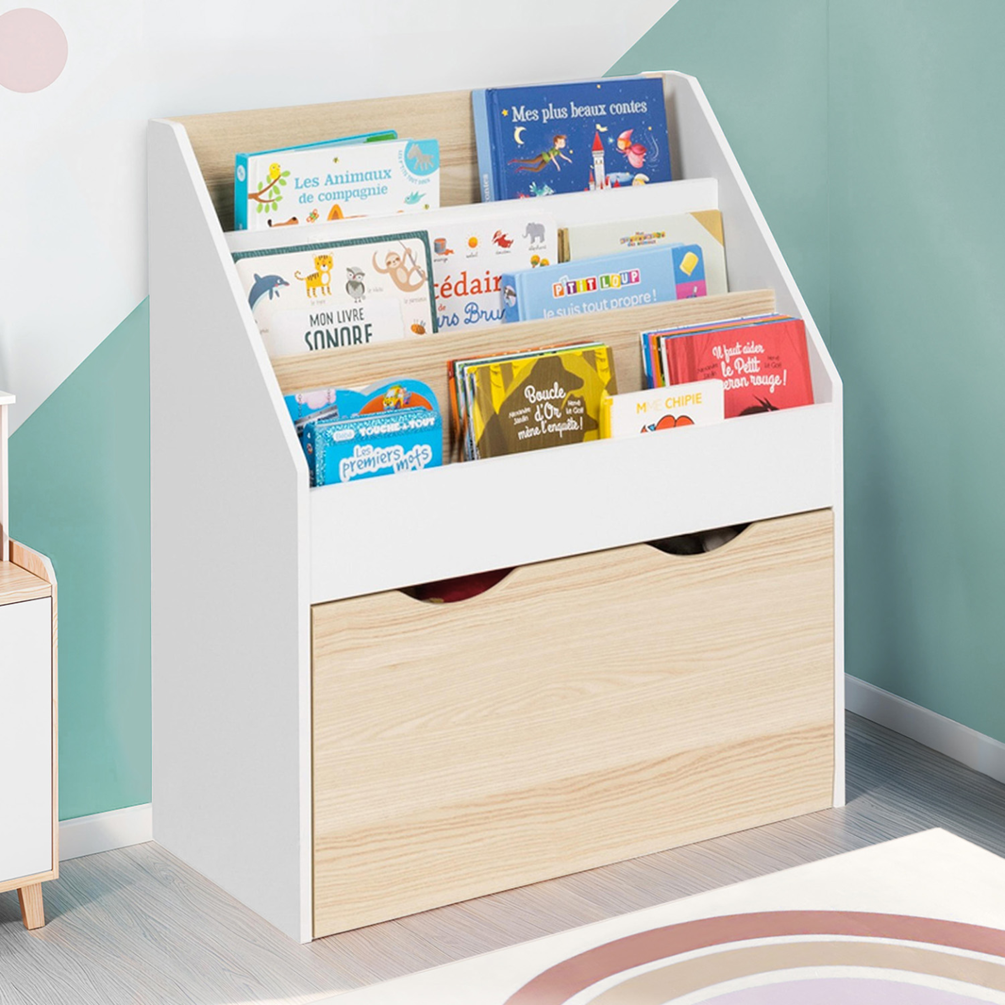 Voir la diapositive 4 : ID MARKET Meuble de rangement bibliothèque enfant mana 3 étagères et 1 bac sur roulettes blanc et hêtre