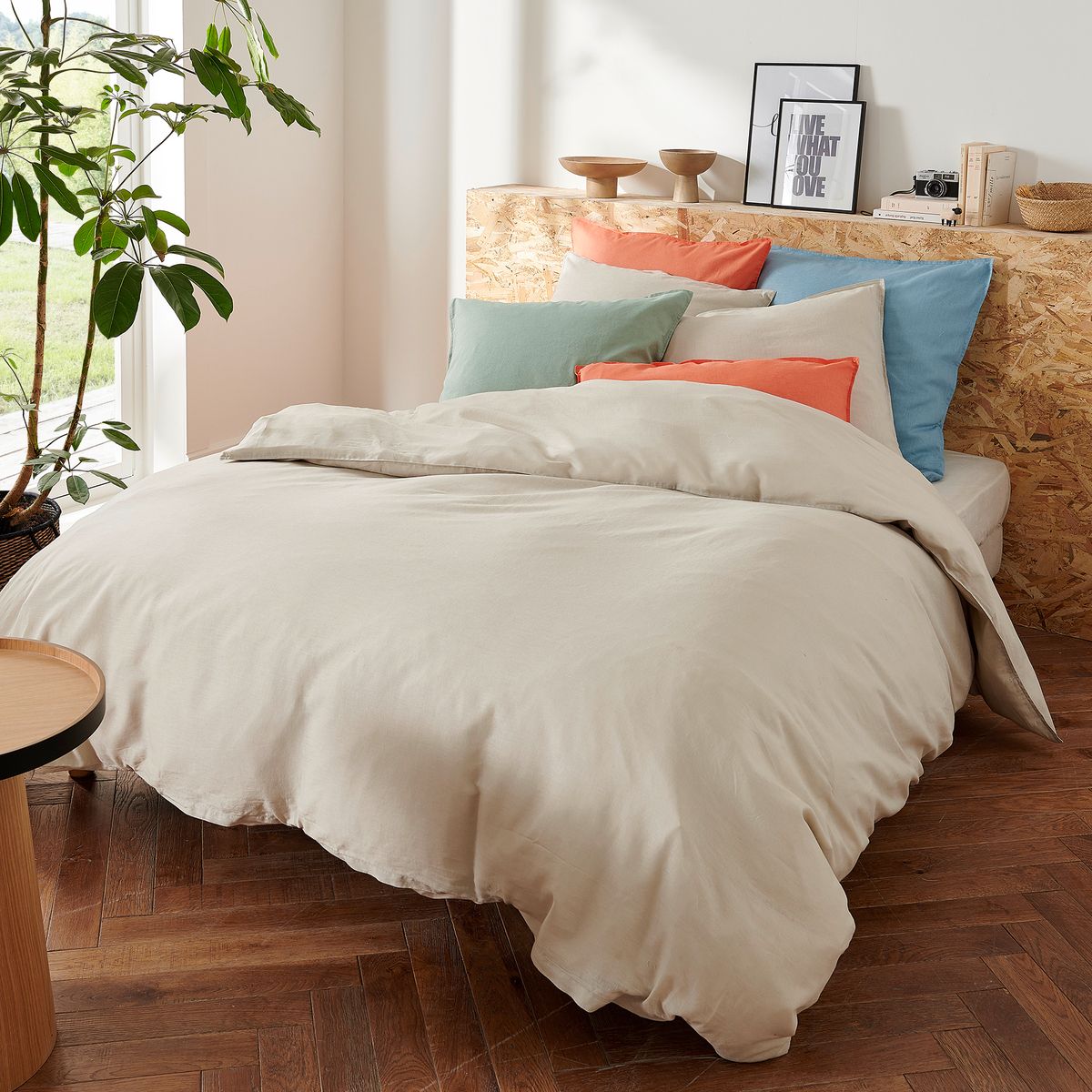 Housse de couette unie en coton-lin 