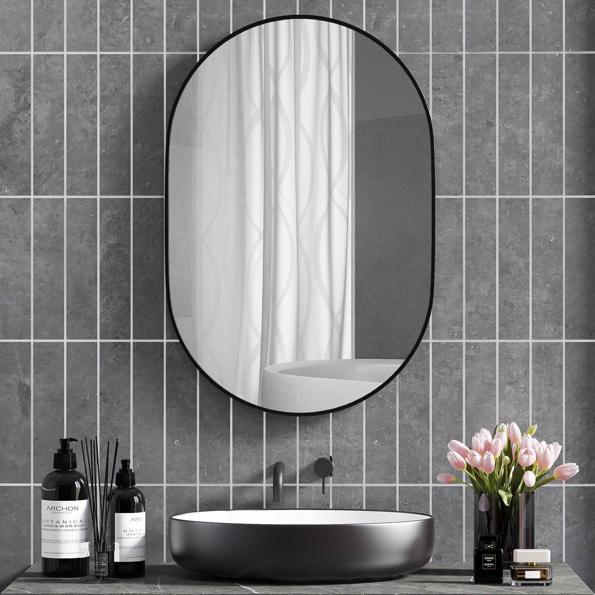 Voir la diapositive 2 : HOMCOM Miroir mural ovale dim. 60L x 90H cm cadre arrondi montage vertical/horizontal alu. noir
