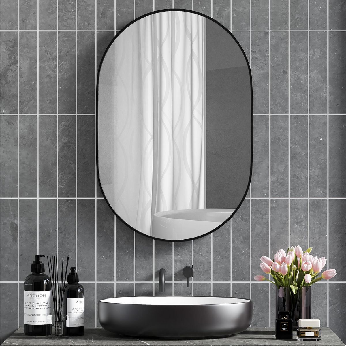 HOMCOM Miroir mural ovale dim. 60L x 90H cm cadre arrondi montage vertical/horizontal alu. noir