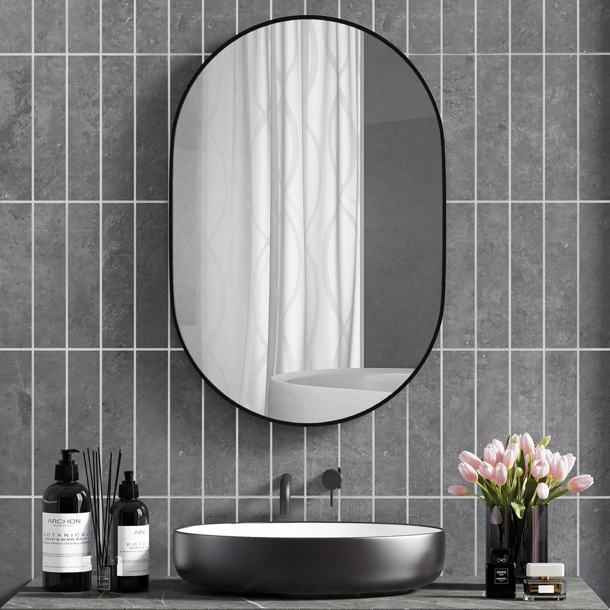 HOMCOM Miroir mural ovale dim. 60L x 90H cm cadre arrondi montage vertical/horizontal alu. noir