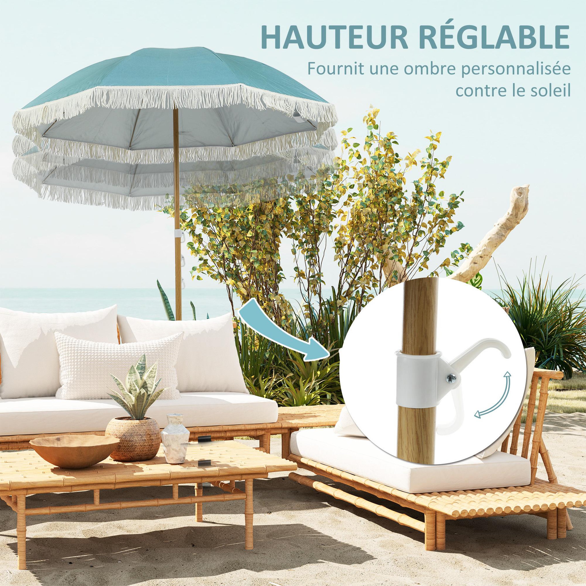 Voir la diapositive 5 : OUTSUNNY Parasol de plage design à franges dia. 1,7 m H. réglable mât effet bois tissu UPF50+ sac transport bleu
