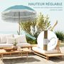Voir la diapositive 5 : OUTSUNNY Parasol de plage design à franges dia. 1,7 m H. réglable mât effet bois tissu UPF50+ sac transport bleu