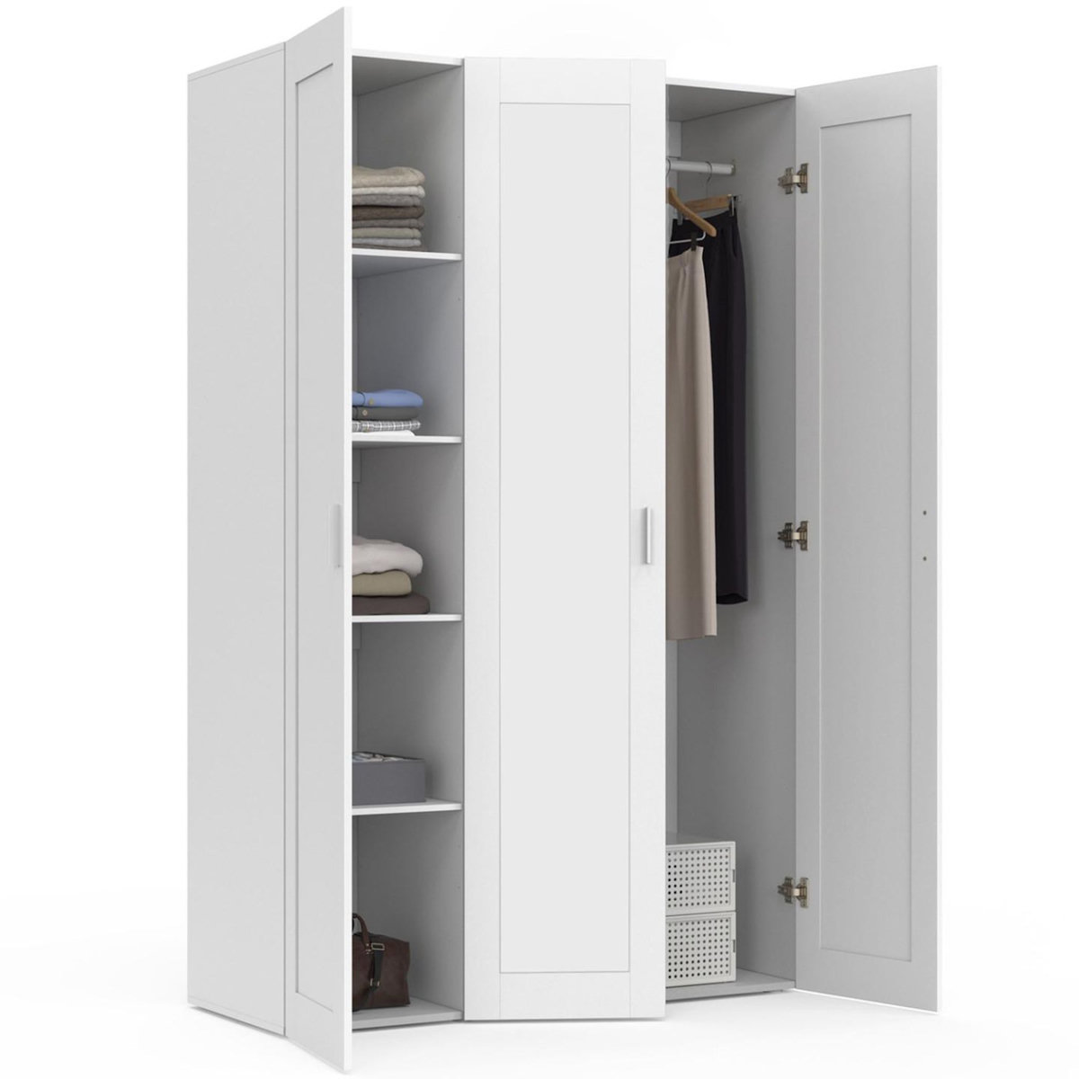 ID MARKET Armoire 3 portes VITO blanc penderie 120 cm avec étagères