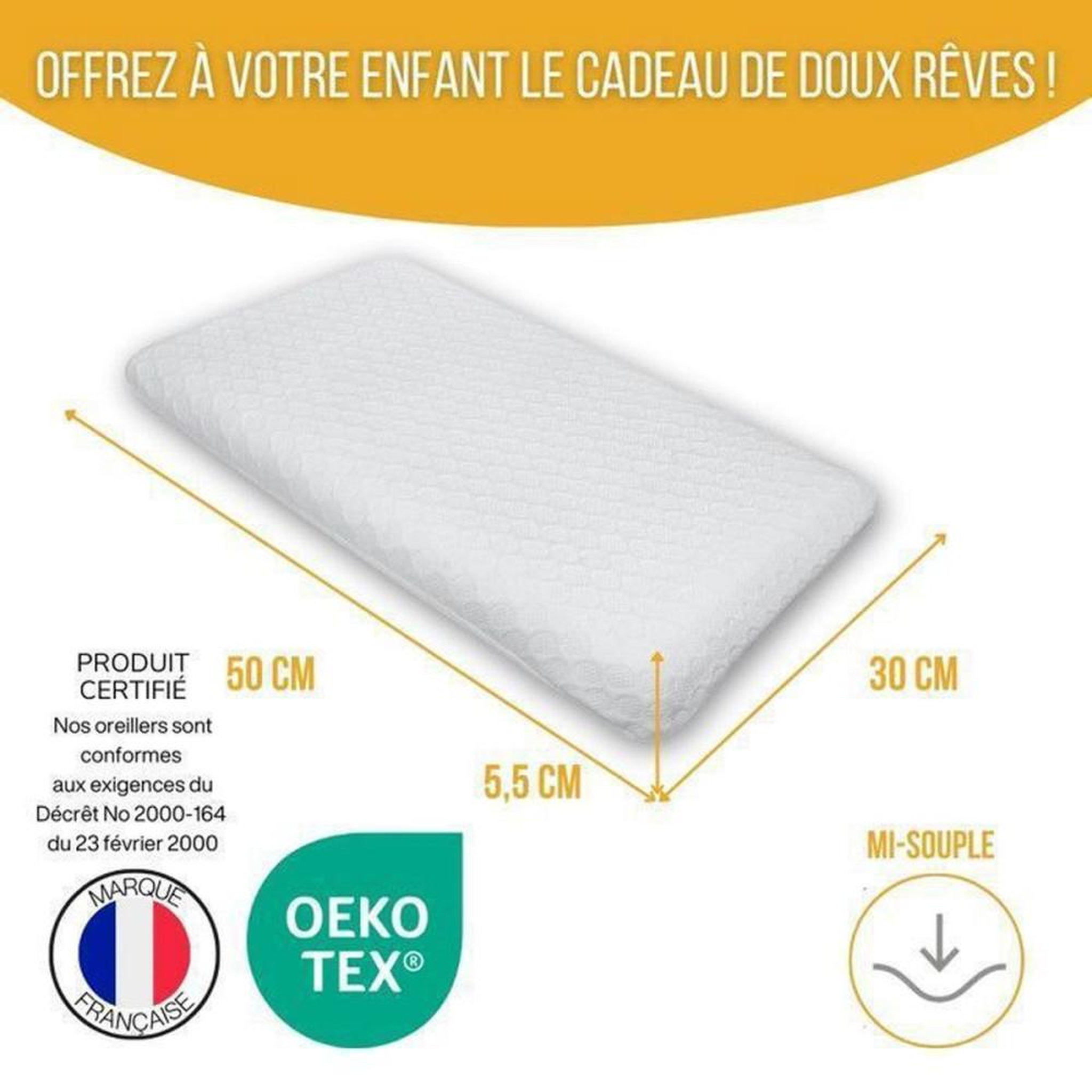 Voir la diapositive 5 : Oreiller enfant respirant bambou et mousse à mémoire de forme blanc 50 x 30 x 5,5 cm, hypoallergénique