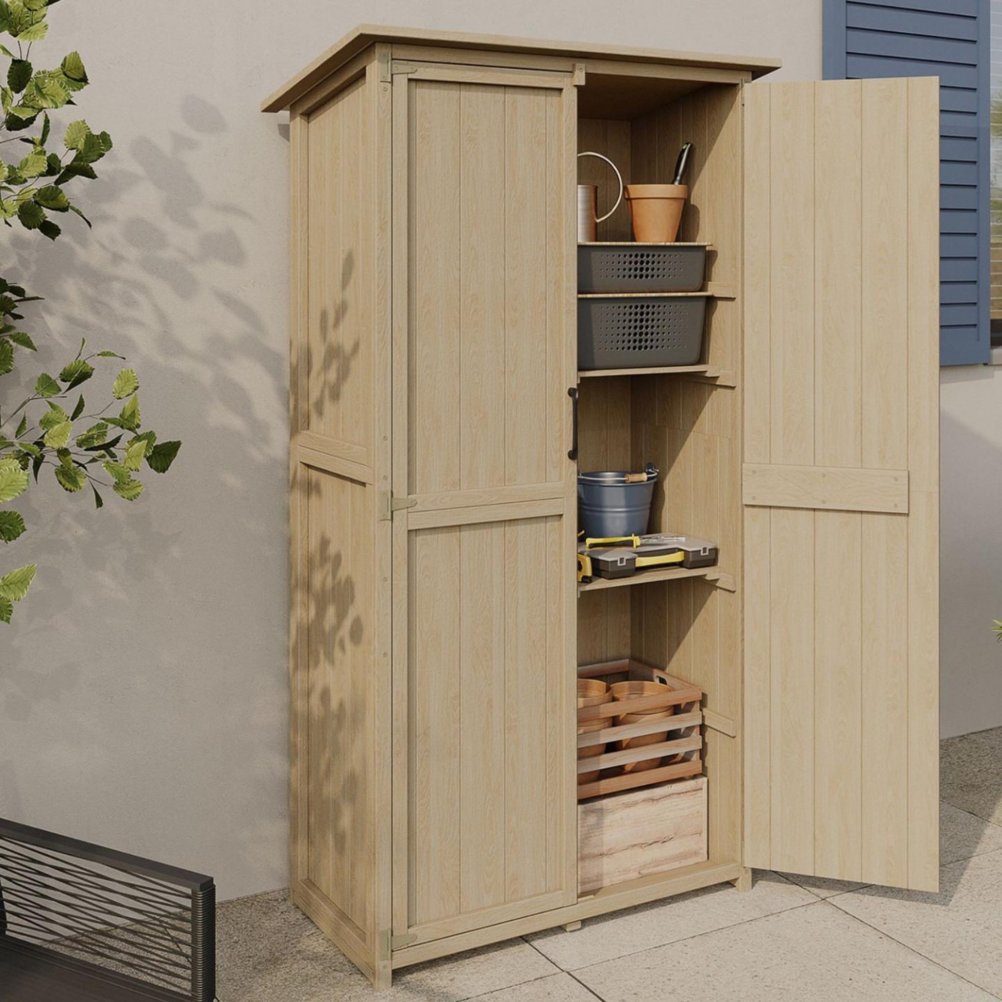 Voir la diapositive 2 : ID MARKET Armoire de jardin en bois 90 x 50 x 160 cm avec toit incliné double porte et étagères