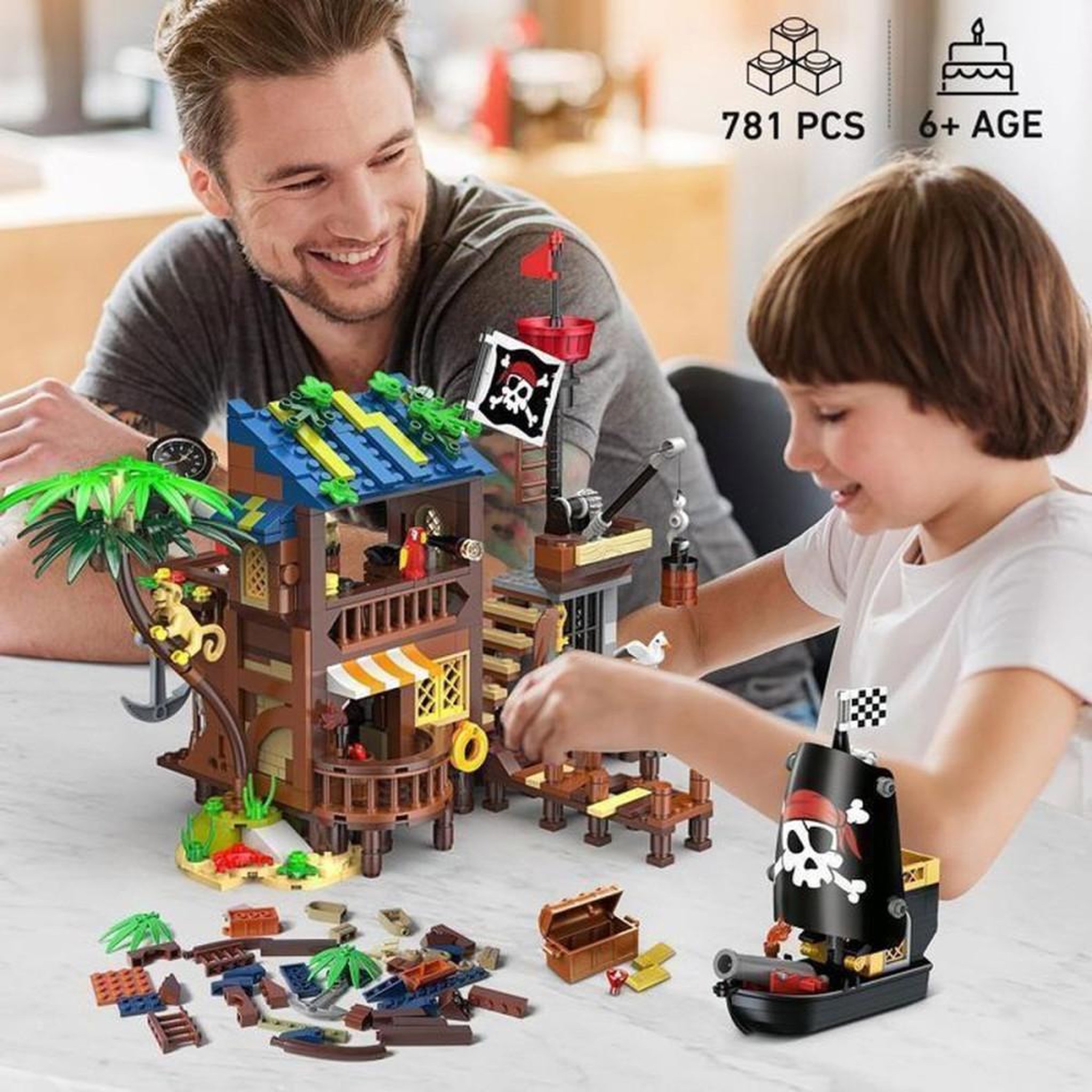 Voir la diapositive 3 : Ensemble de construction pirate 3 en 1 781 pièces avec LED, navire et camp transformable